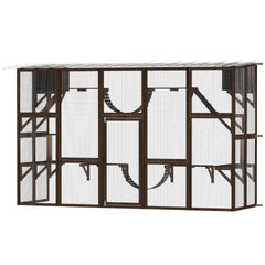 PawHut Catio Playground Cat Window Box Outside Enclosure for Multiple Cats w/ Shelves & Bridges, Coffee Brown