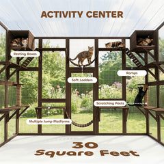 PawHut Catio Playground Cat Window Box Outside Enclosure for Multiple Cats w/ Shelves & Bridges, Coffee Brown