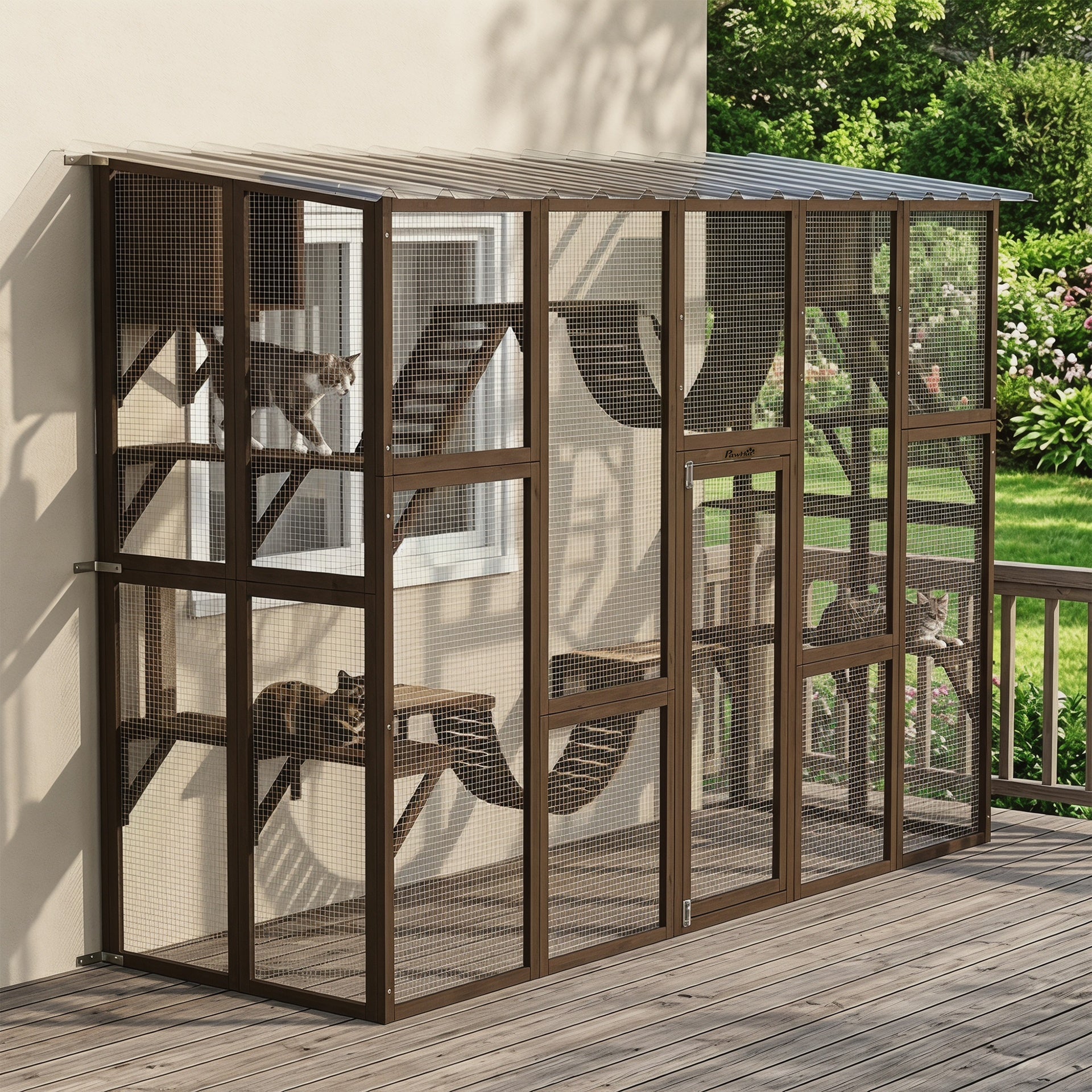 PawHut Catio Playground Cat Window Box Outside Enclosure for Multiple Cats w/ Shelves & Bridges, Coffee Brown