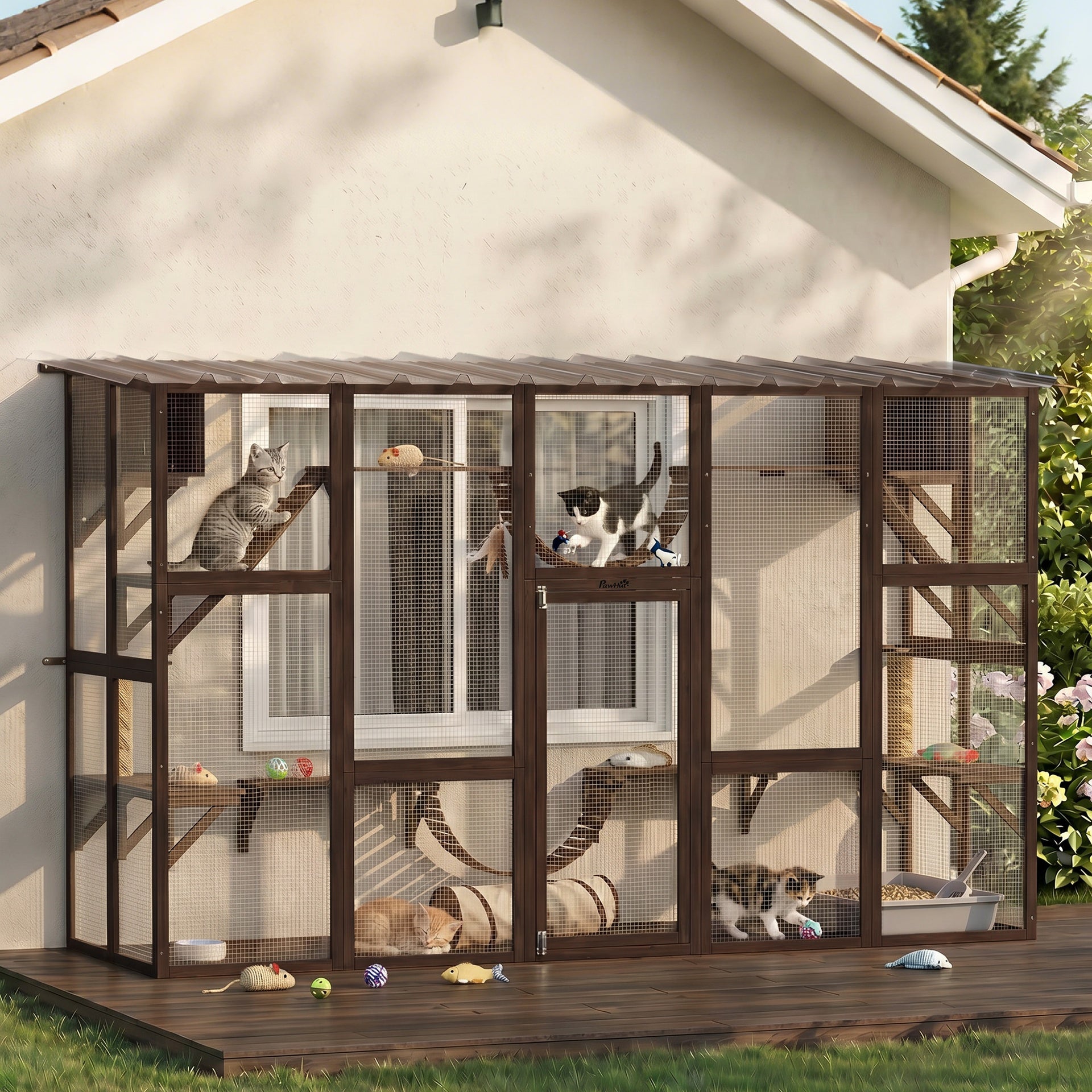 PawHut Catio Playground Cat Window Box Outside Enclosure for Multiple Cats w/ Shelves & Bridges, Coffee Brown
