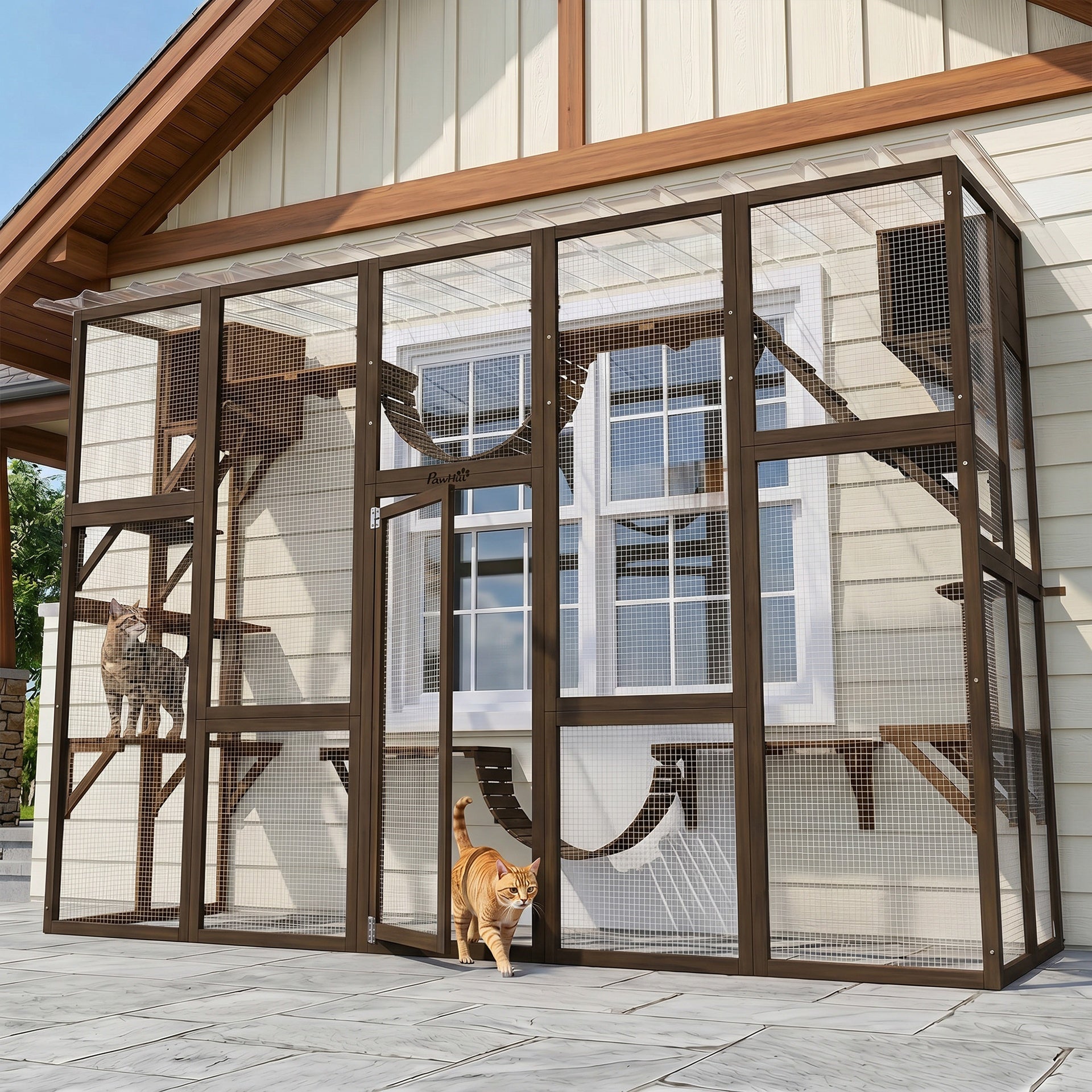 PawHut Catio Playground Cat Window Box Outside Enclosure for Multiple Cats w/ Shelves & Bridges, Coffee Brown
