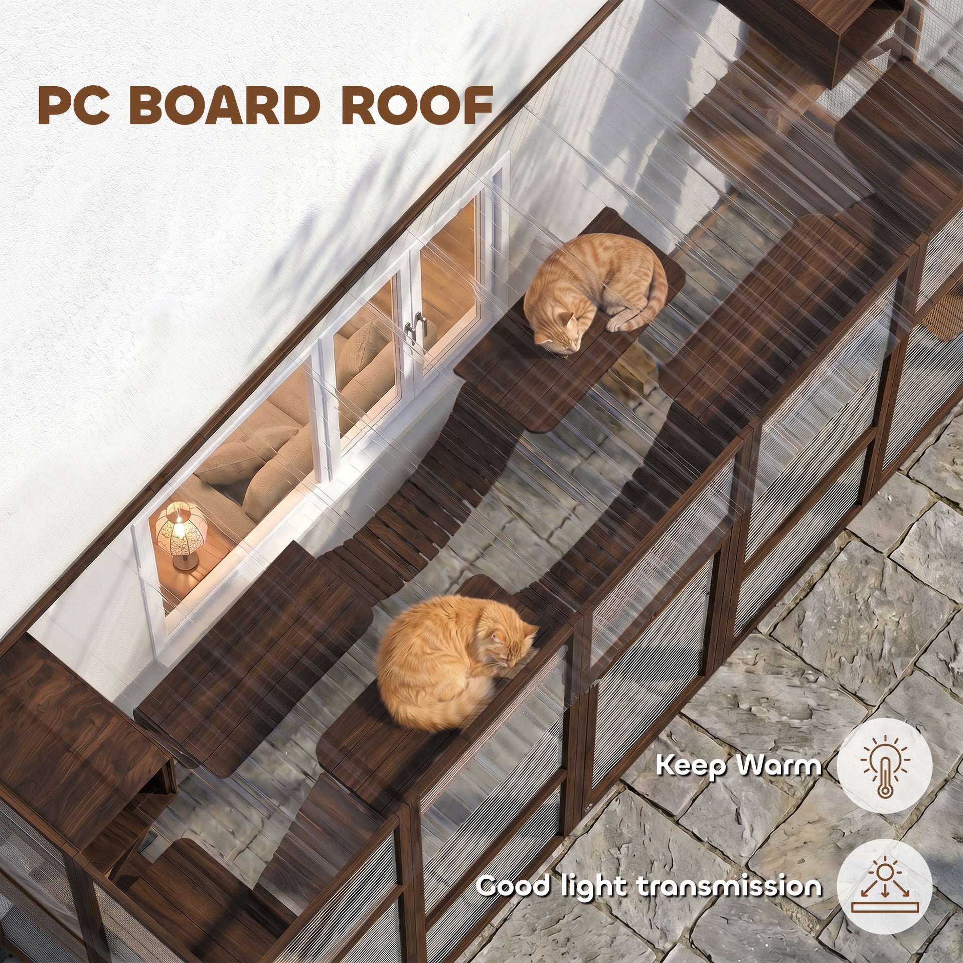 PawHut Catio Playground Cat Window Box Outside Enclosure for Multiple Cats w/ Shelves & Bridges, Coffee Brown