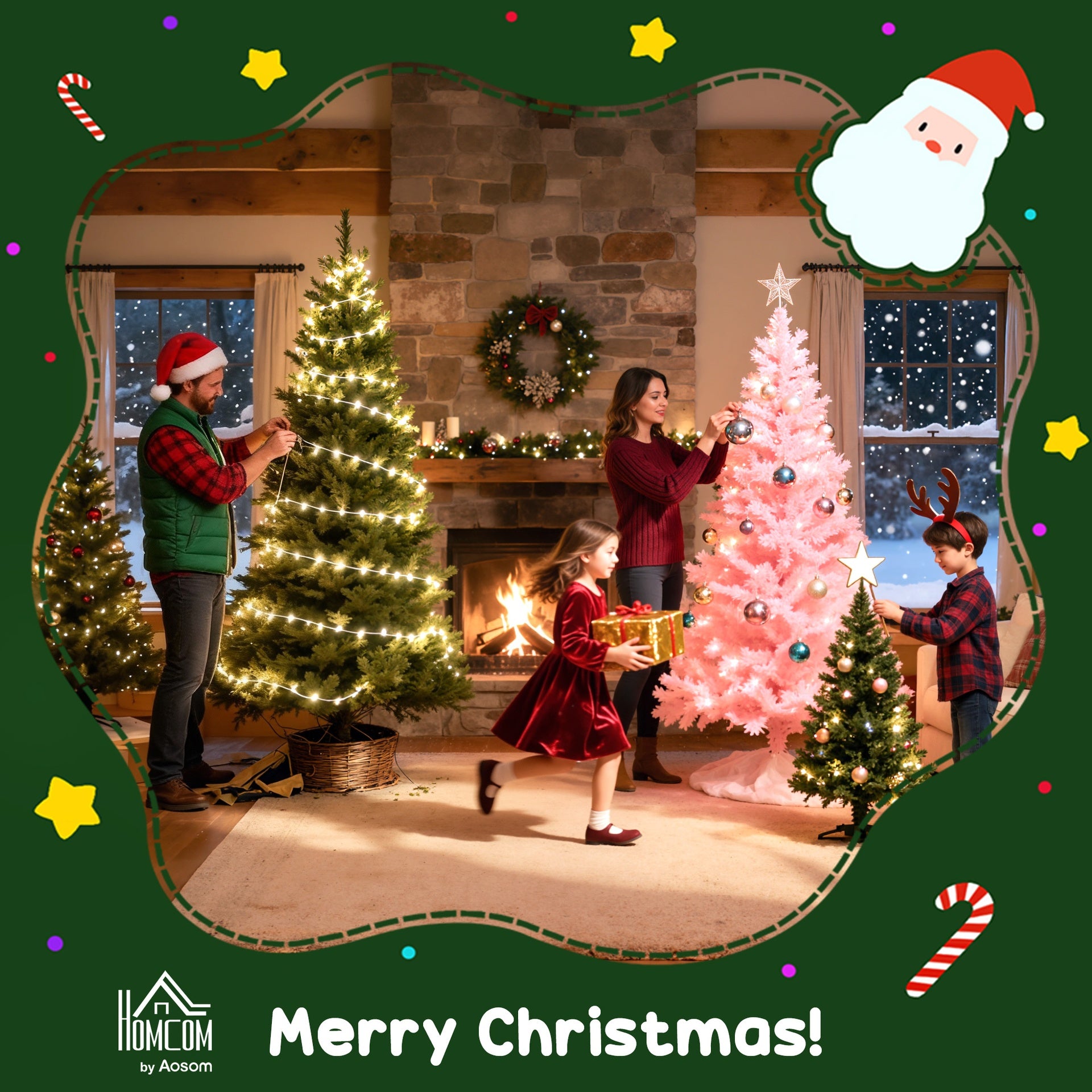 HOMCOM 5 ft Whimsical Christmas Tree, Pencil Xmas Tree with Red Ball, Metal Base, Prelit with 200 LED Lights