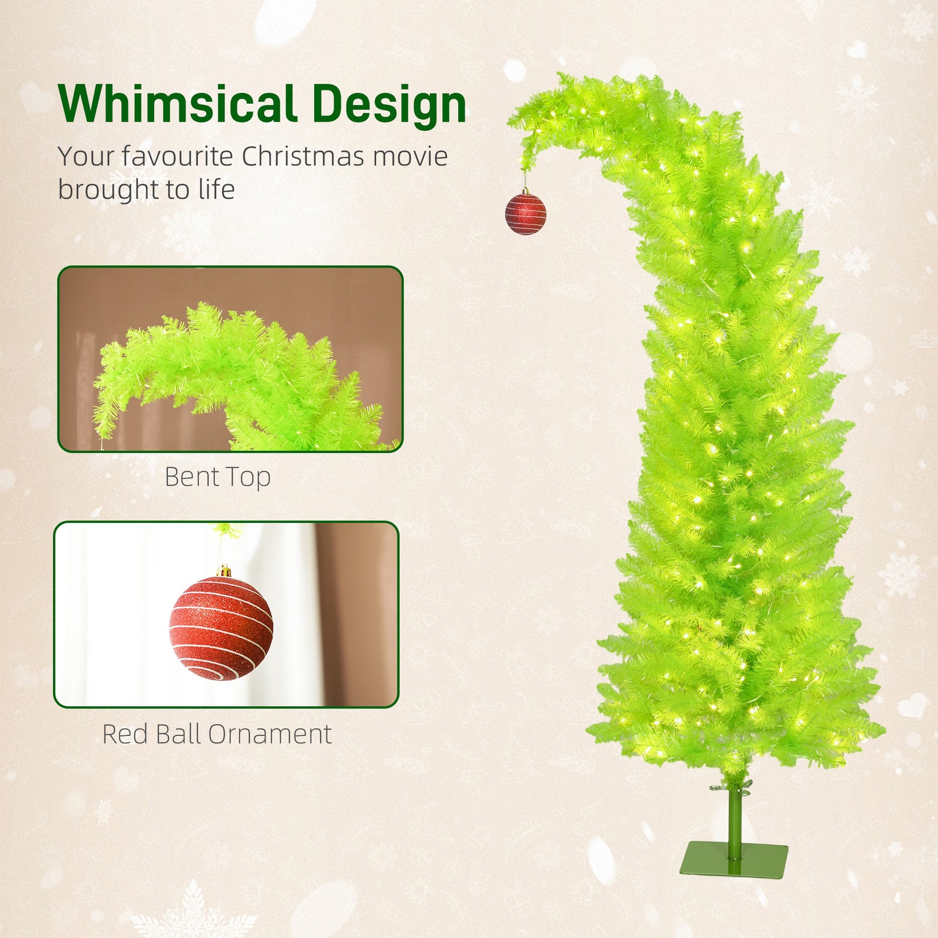 HOMCOM 5 ft Whimsical Christmas Tree, Pencil Xmas Tree with Red Ball, Metal Base, Prelit with 200 LED Lights