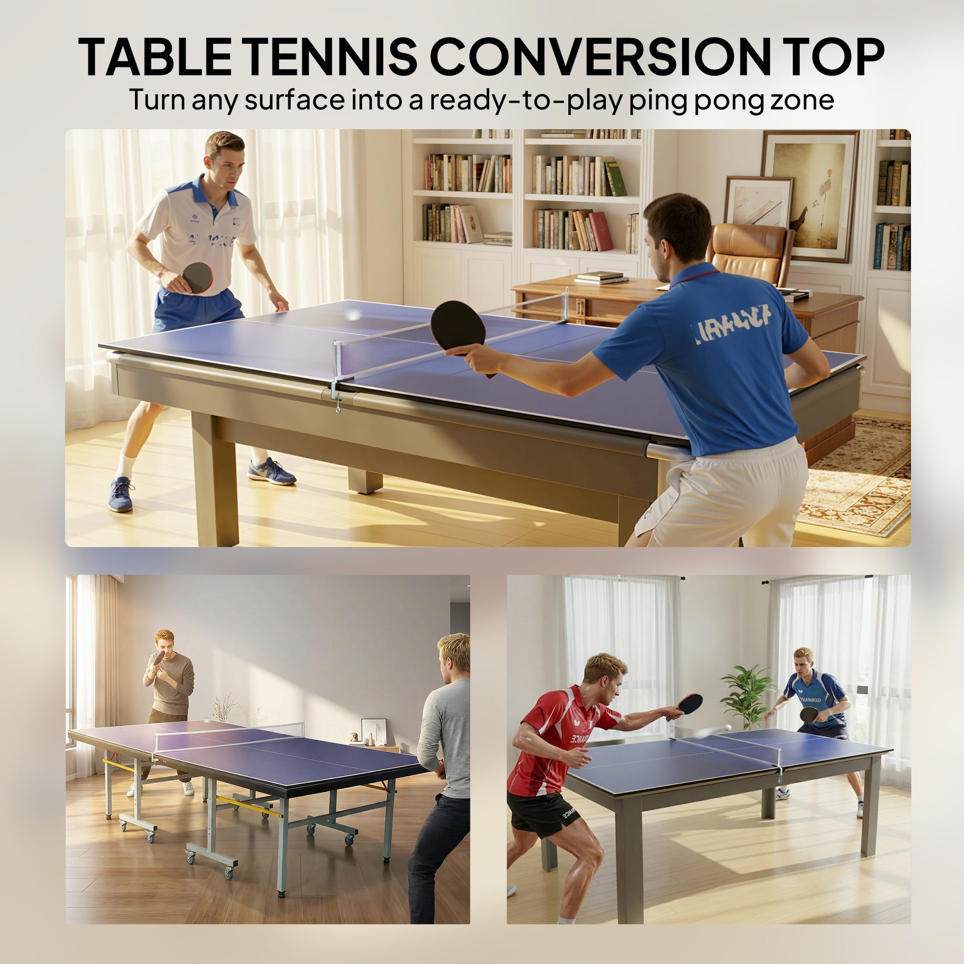 Soozier 9 ft Folding Ping Pong Table Top for Billiard Tables, Table Tennis Conversion Top with Net, Foam Padding, Blue