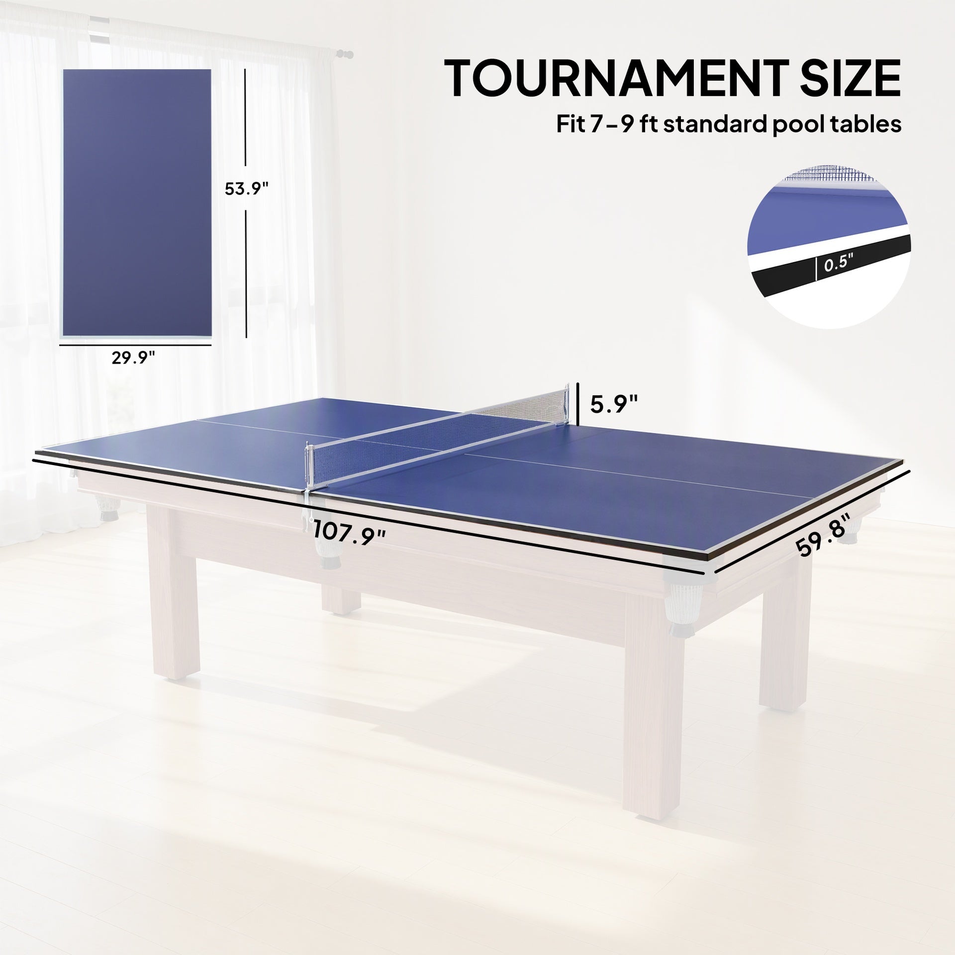 Soozier 9 ft Folding Ping Pong Table Top for Billiard Tables, Table Tennis Conversion Top with Net, Foam Padding, Blue