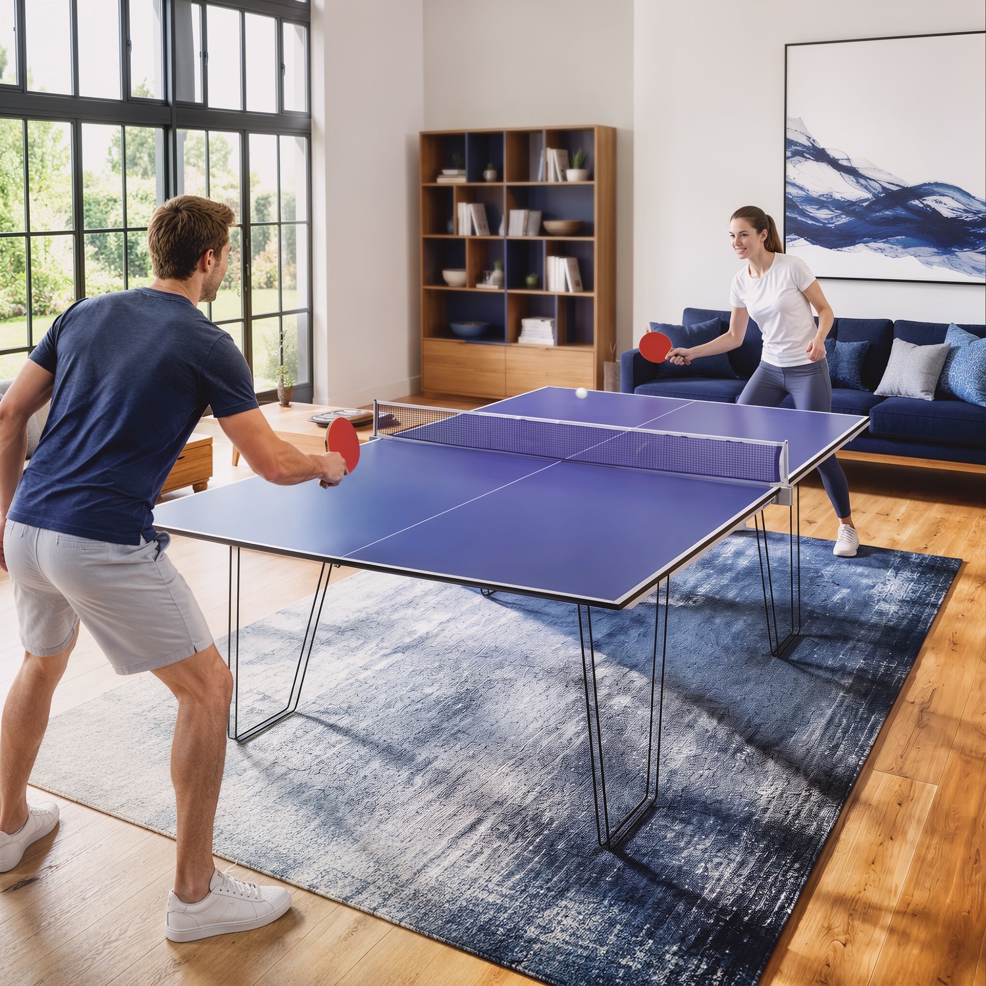 Soozier 9 ft Folding Ping Pong Table Top for Billiard Tables, Table Tennis Conversion Top with Net, Foam Padding, Blue