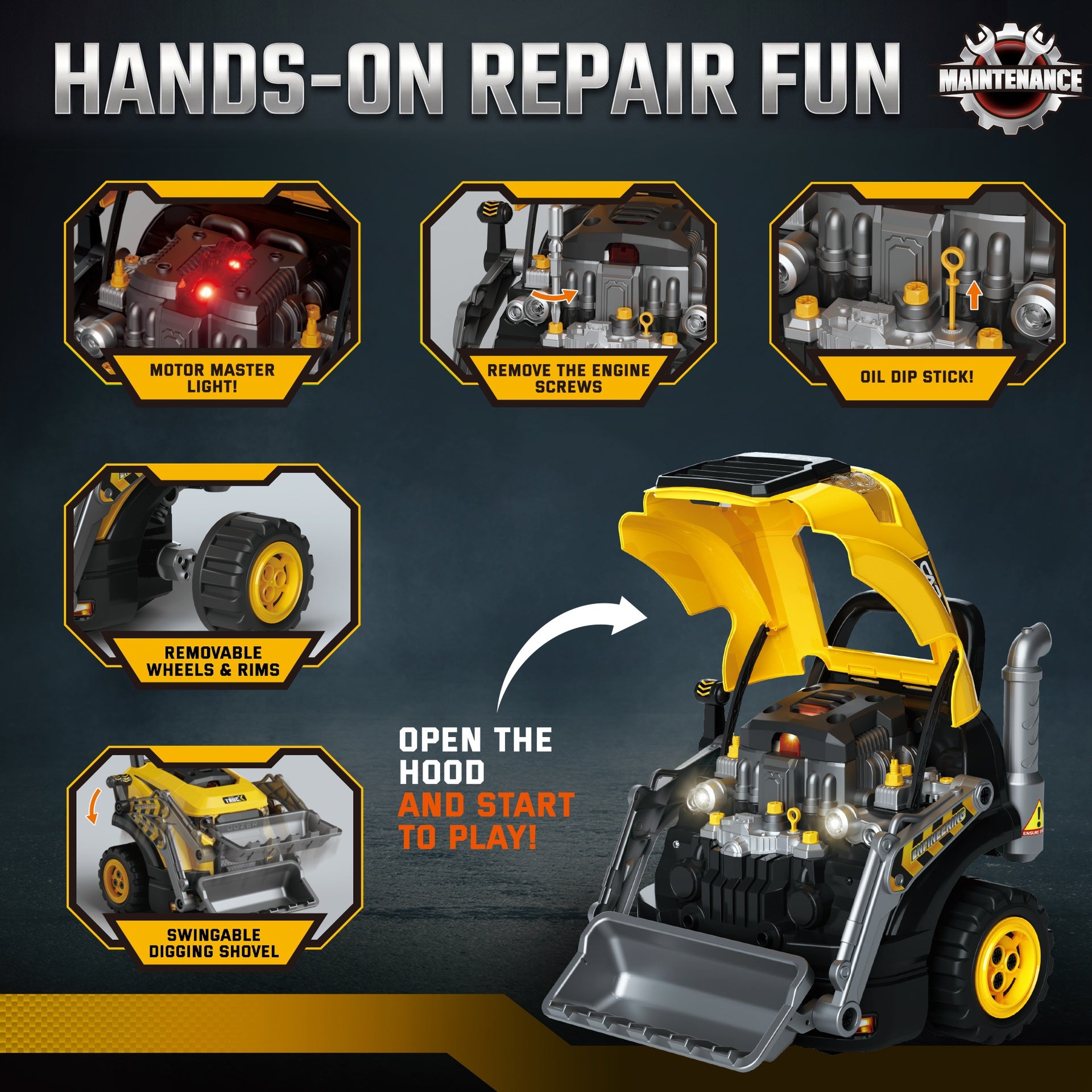 Qaba Truck Engine Toy, Kids Mechanic Repair Set with Spray, Lights, Sounds, Educational Excavator Gifts for 3-6 Years