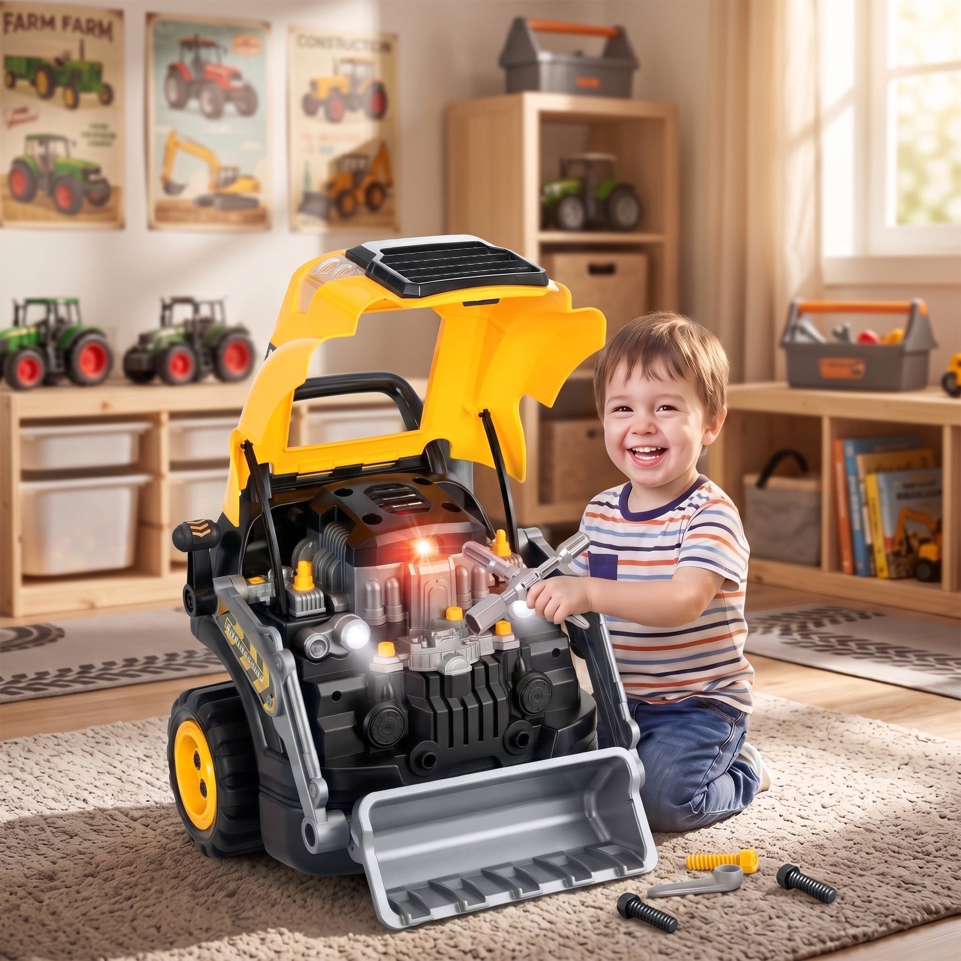Qaba Truck Engine Toy, Kids Mechanic Repair Set with Spray, Lights, Sounds, Educational Excavator Gifts for 3-6 Years