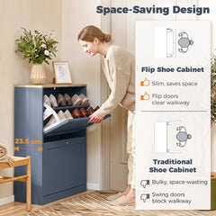 HOMCOM Slim Shoe Storage Cabinet, Modern Shoe Cabinet with 2 Flip Drawers and Adjustable Shelves for 8-12 Pairs, Blue