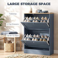 HOMCOM Slim Shoe Storage Cabinet, Modern Shoe Cabinet with 2 Flip Drawers and Adjustable Shelves for 8-12 Pairs, Blue