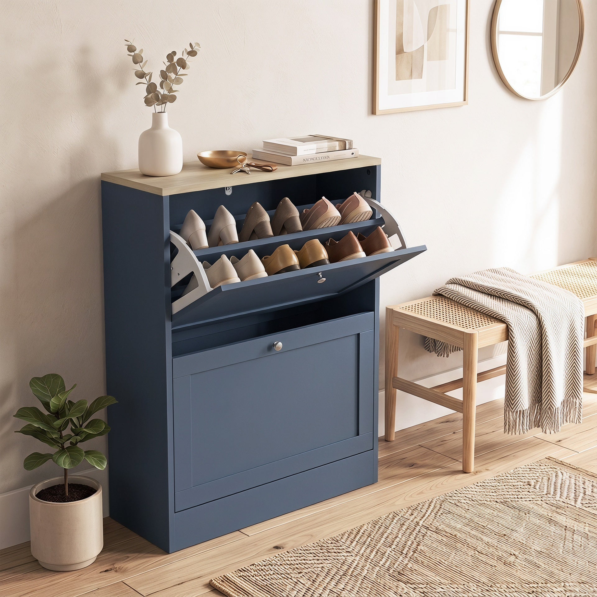 HOMCOM Slim Shoe Storage Cabinet, Modern Shoe Cabinet with 2 Flip Drawers and Adjustable Shelves for 8-12 Pairs, Blue