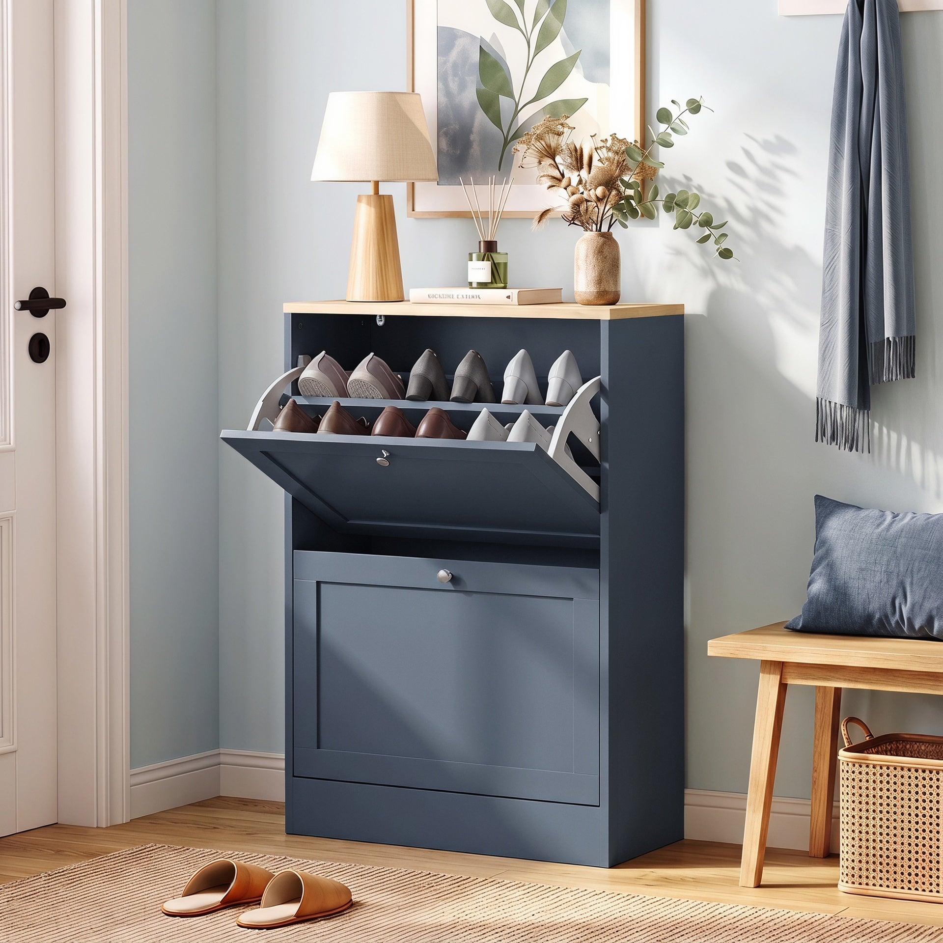 HOMCOM Slim Shoe Storage Cabinet, Modern Shoe Cabinet with 2 Flip Drawers and Adjustable Shelves for 8-12 Pairs, Blue