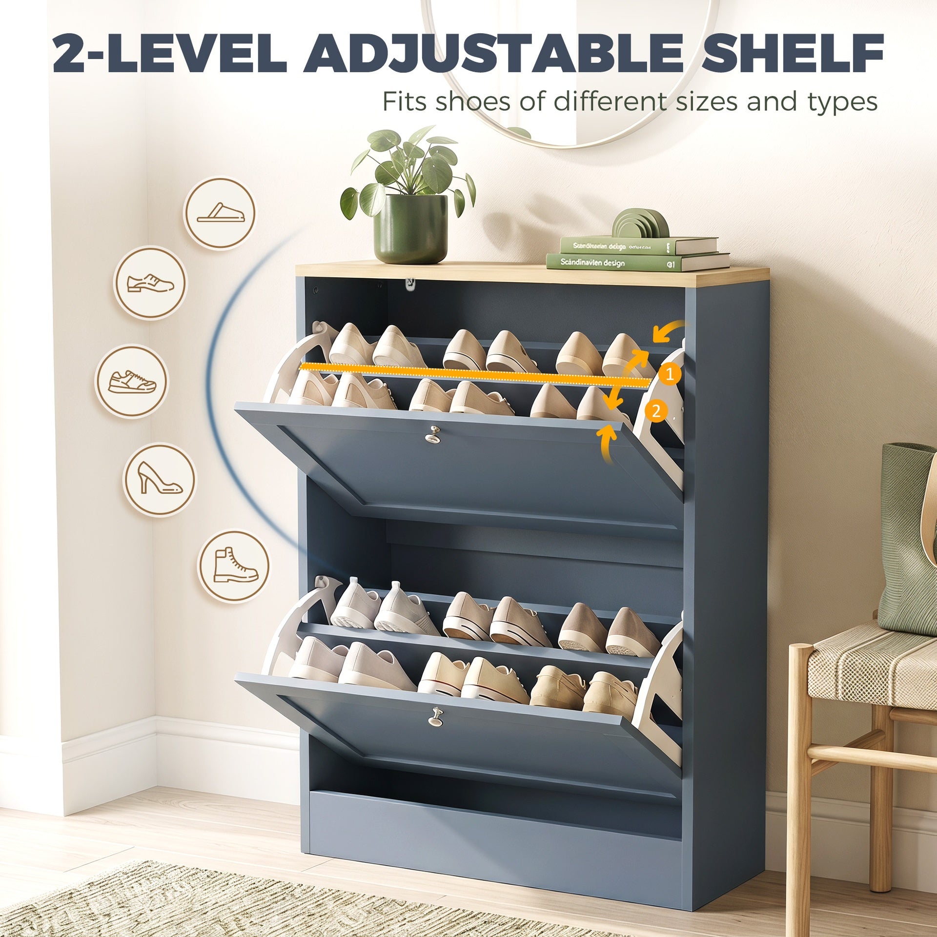 HOMCOM Slim Shoe Storage Cabinet, Modern Shoe Cabinet with 2 Flip Drawers and Adjustable Shelves for 8-12 Pairs, Blue