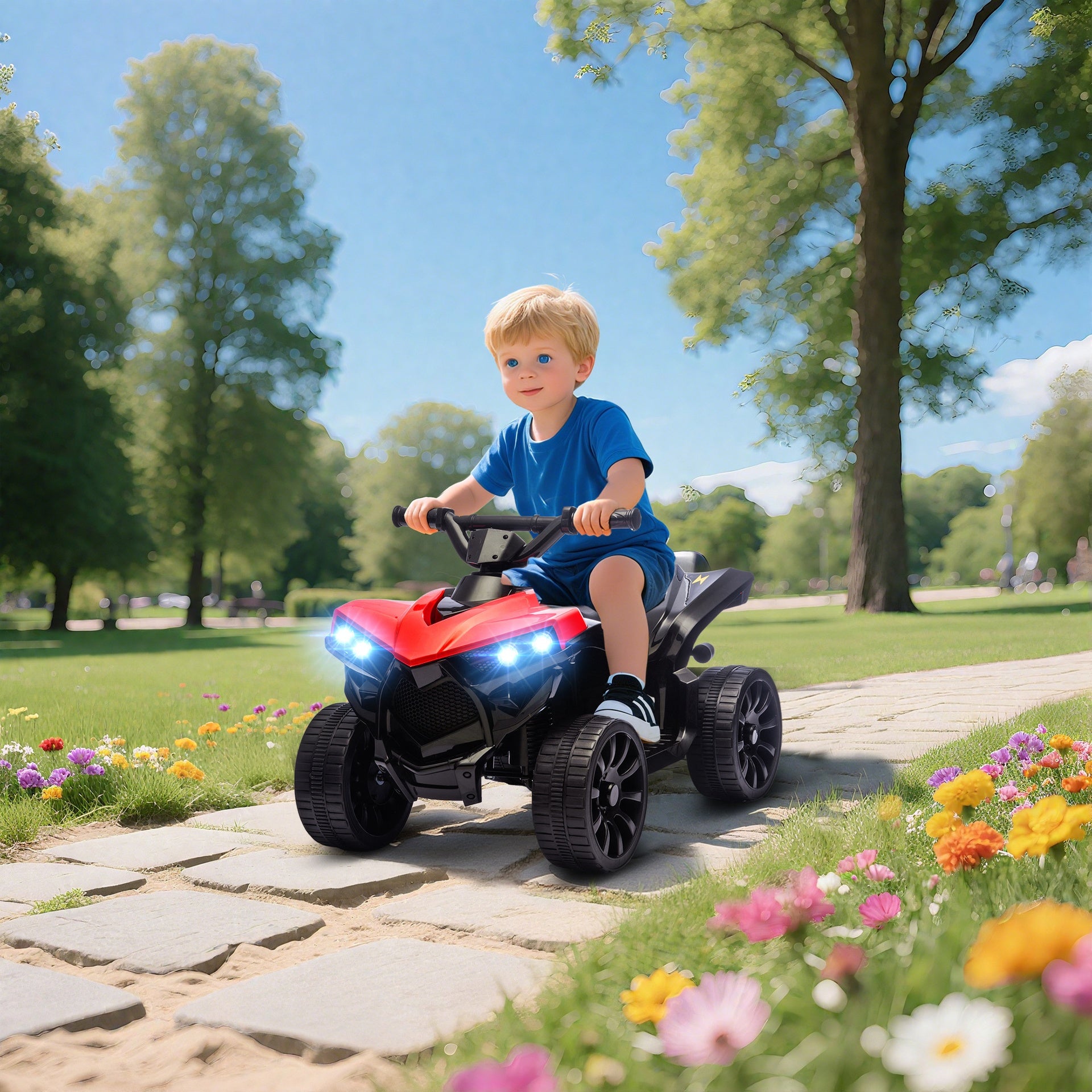 Qaba Kids ATV 4 Wheeler, 6V Electric Ride on Car with Music and LED Headlights, Indoor Outdoor Toy Car for 18-56 months, Red