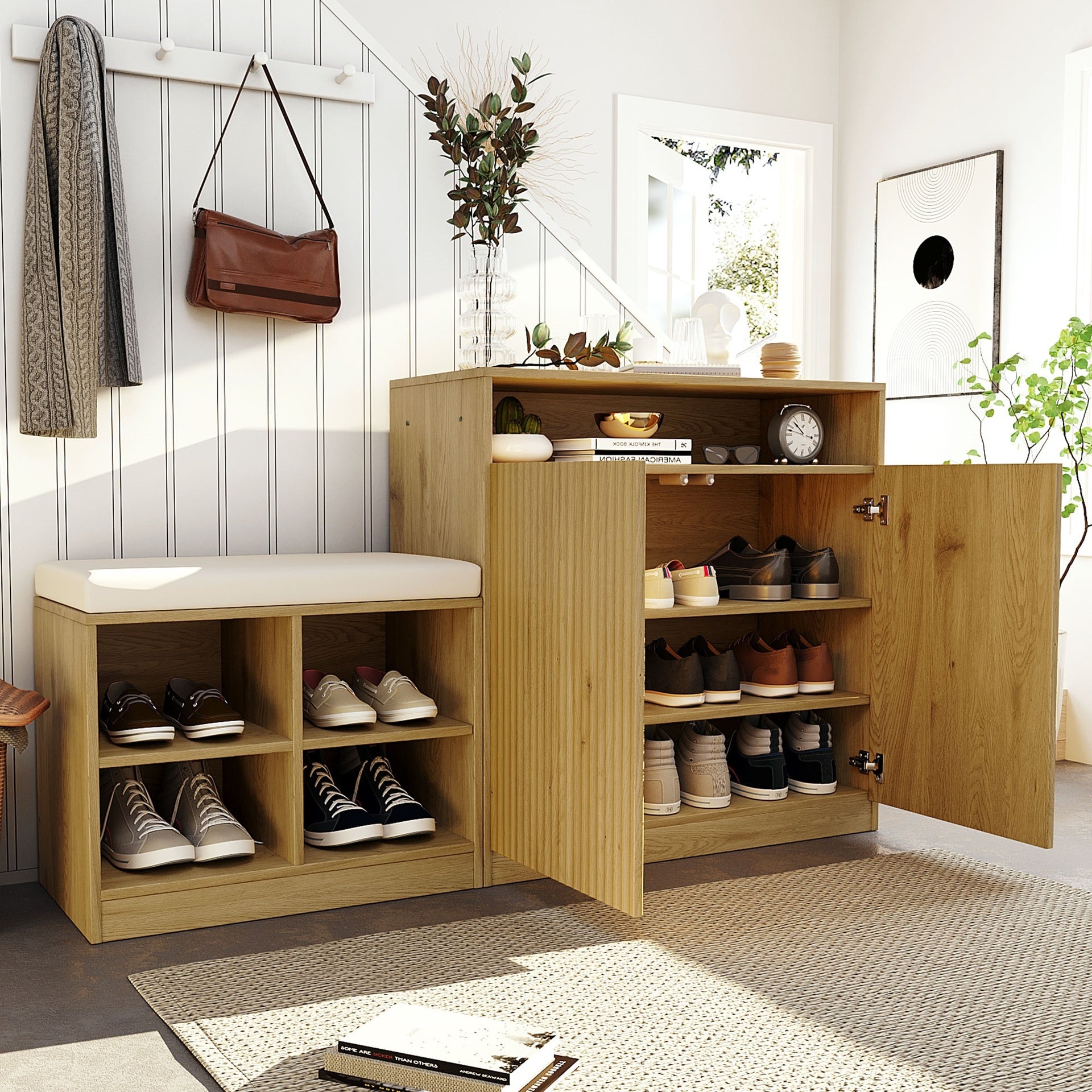 U_Style Livingroom Cabinet with Shoe Bench, 2 Doors and 3-Tier Adjustable Shelves, Entryway Bench with 4 Open Shoe Racks and Removeble Cushion, Storage Console Table with Wavy Slatted Door and Hooks