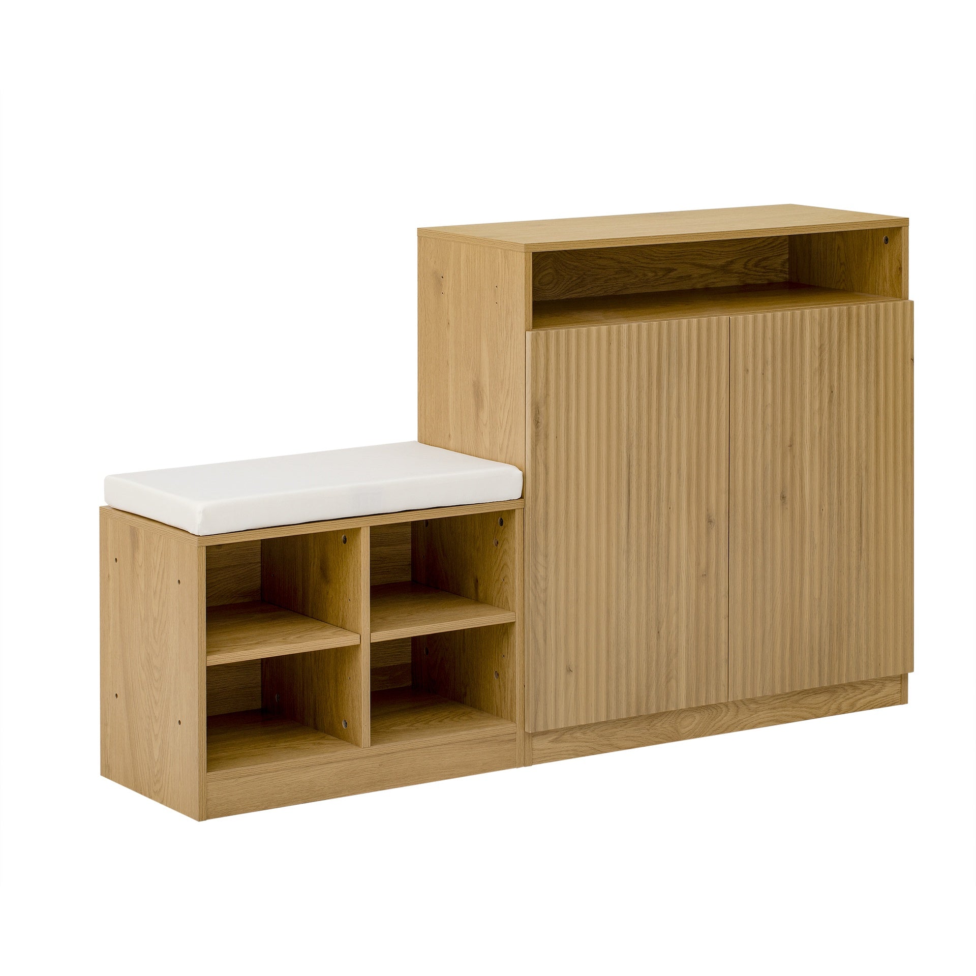 U_Style Livingroom Cabinet with Shoe Bench, 2 Doors and 3-Tier Adjustable Shelves, Entryway Bench with 4 Open Shoe Racks and Removeble Cushion, Storage Console Table with Wavy Slatted Door and Hooks