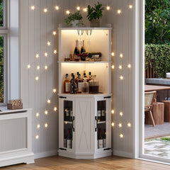 67.3" Corner Bar Cabinet with Power Outlet, Farmhouse Wine Bar Cabinet with Adjustable Shelves for Home,with Lights & Glass Rack for Dining Room, Living Room, Kitchen