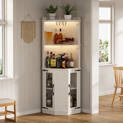 67.3" Corner Bar Cabinet with Power Outlet, Farmhouse Wine Bar Cabinet with Adjustable Shelves for Home,with Lights & Glass Rack for Dining Room, Living Room, Kitchen