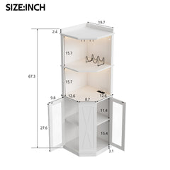 67.3" Corner Bar Cabinet with Power Outlet, Farmhouse Wine Bar Cabinet with Adjustable Shelves for Home,with Lights & Glass Rack for Dining Room, Living Room, Kitchen
