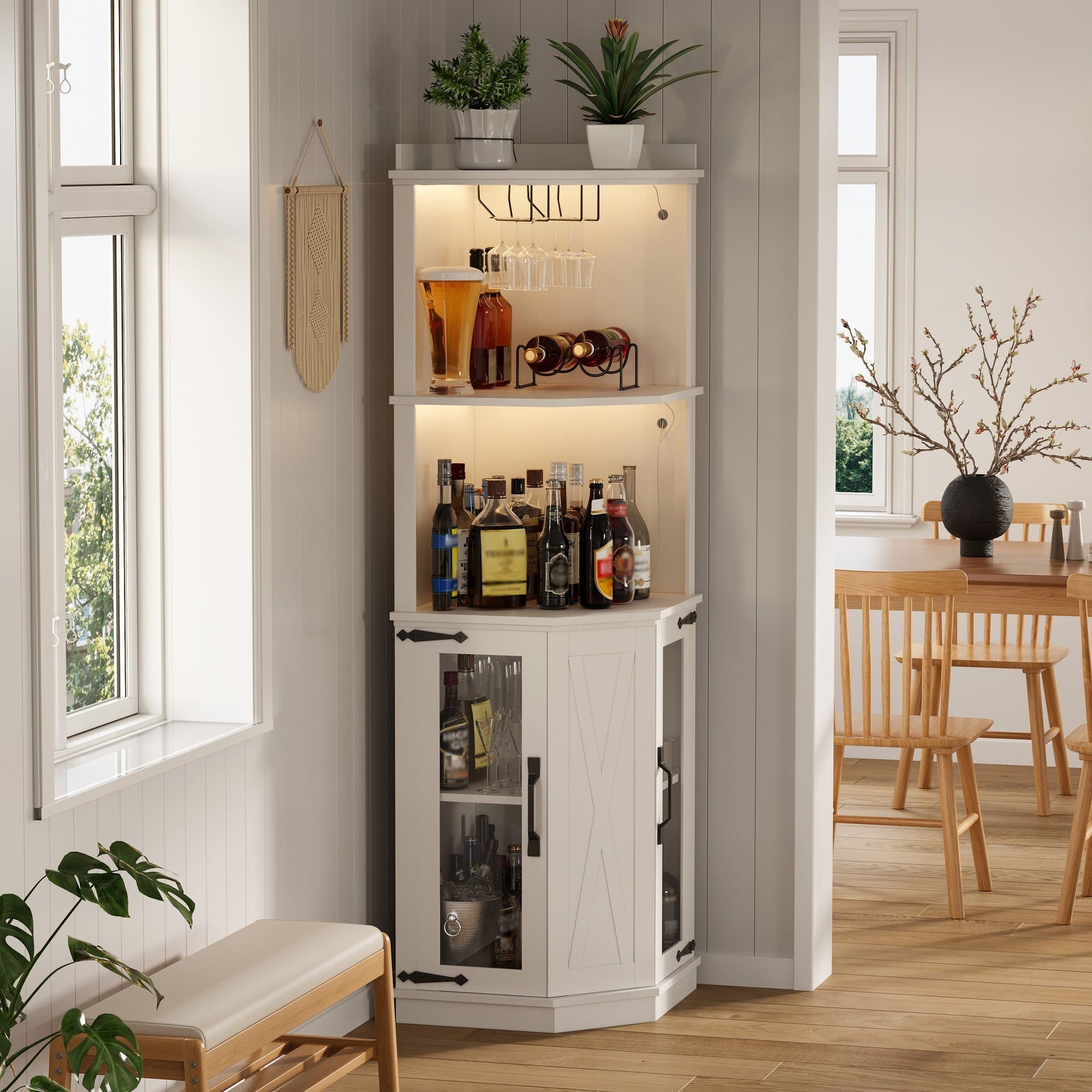 67.3" Corner Bar Cabinet with Power Outlet, Farmhouse Wine Bar Cabinet with Adjustable Shelves for Home,with Lights & Glass Rack for Dining Room, Living Room, Kitchen