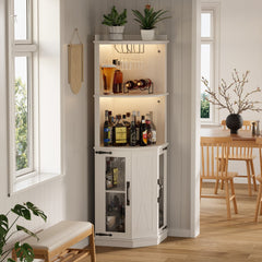 67.3" Corner Bar Cabinet with Power Outlet, Farmhouse Wine Bar Cabinet with Adjustable Shelves for Home,with Lights & Glass Rack for Dining Room, Living Room, Kitchen