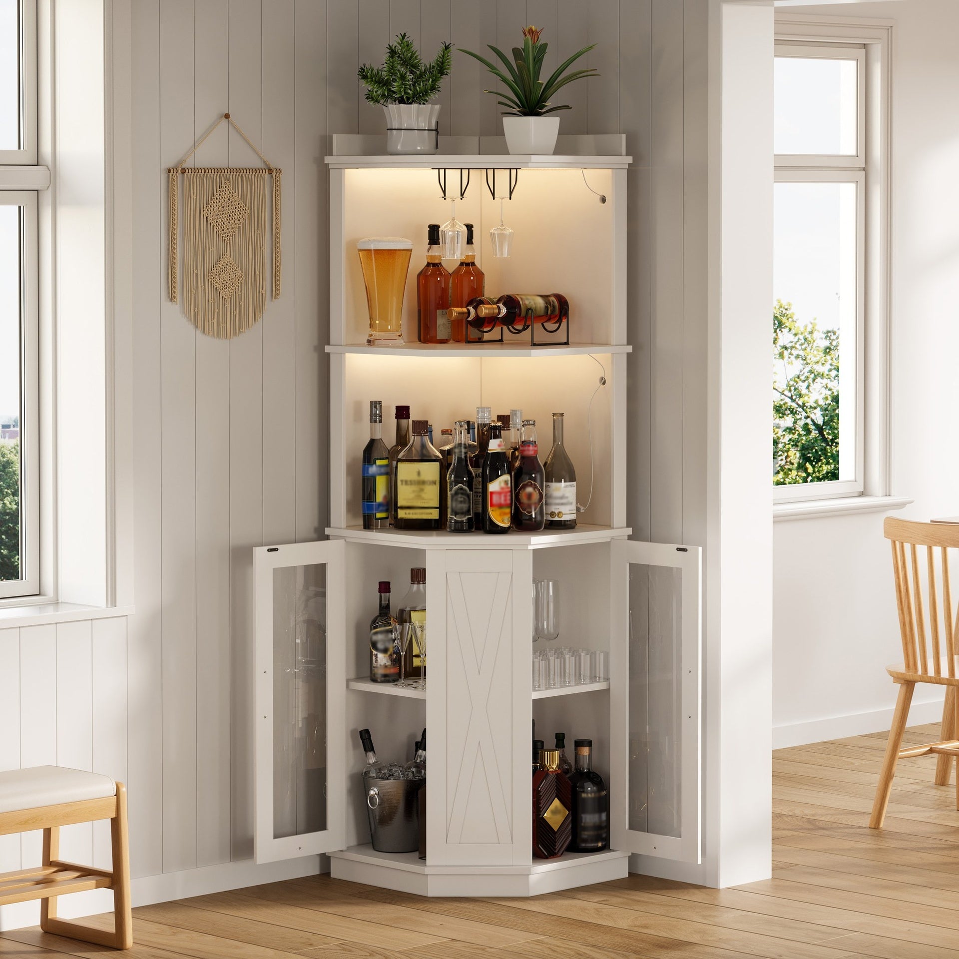67.3" Corner Bar Cabinet with Power Outlet, Farmhouse Wine Bar Cabinet with Adjustable Shelves for Home,with Lights & Glass Rack for Dining Room, Living Room, Kitchen