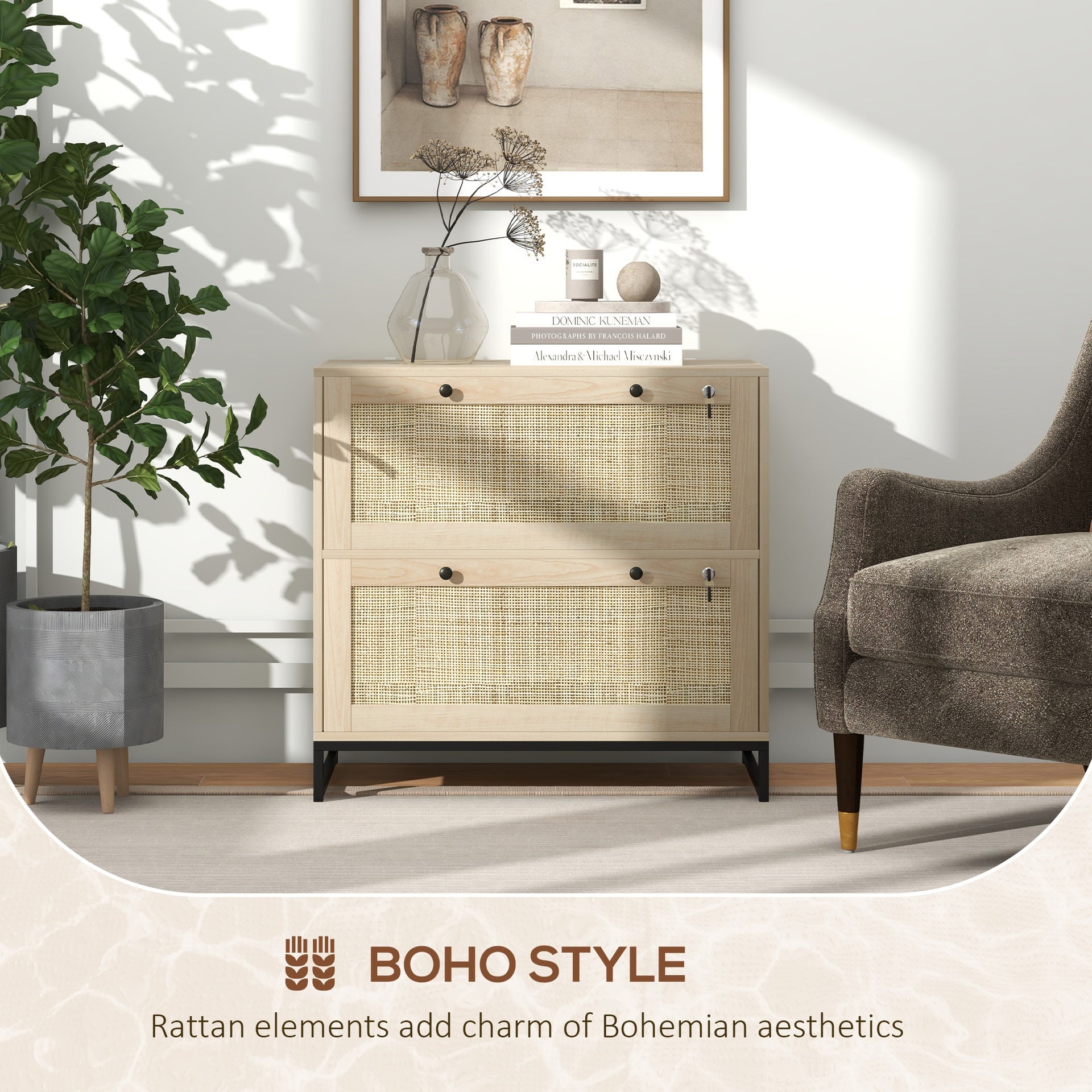 Vinsetto Lockable Filing Cabinet, Boho 2 Drawer File Cabinet with Adjustable Hanging Bar for Letter, A4 and Legal Size, Natural