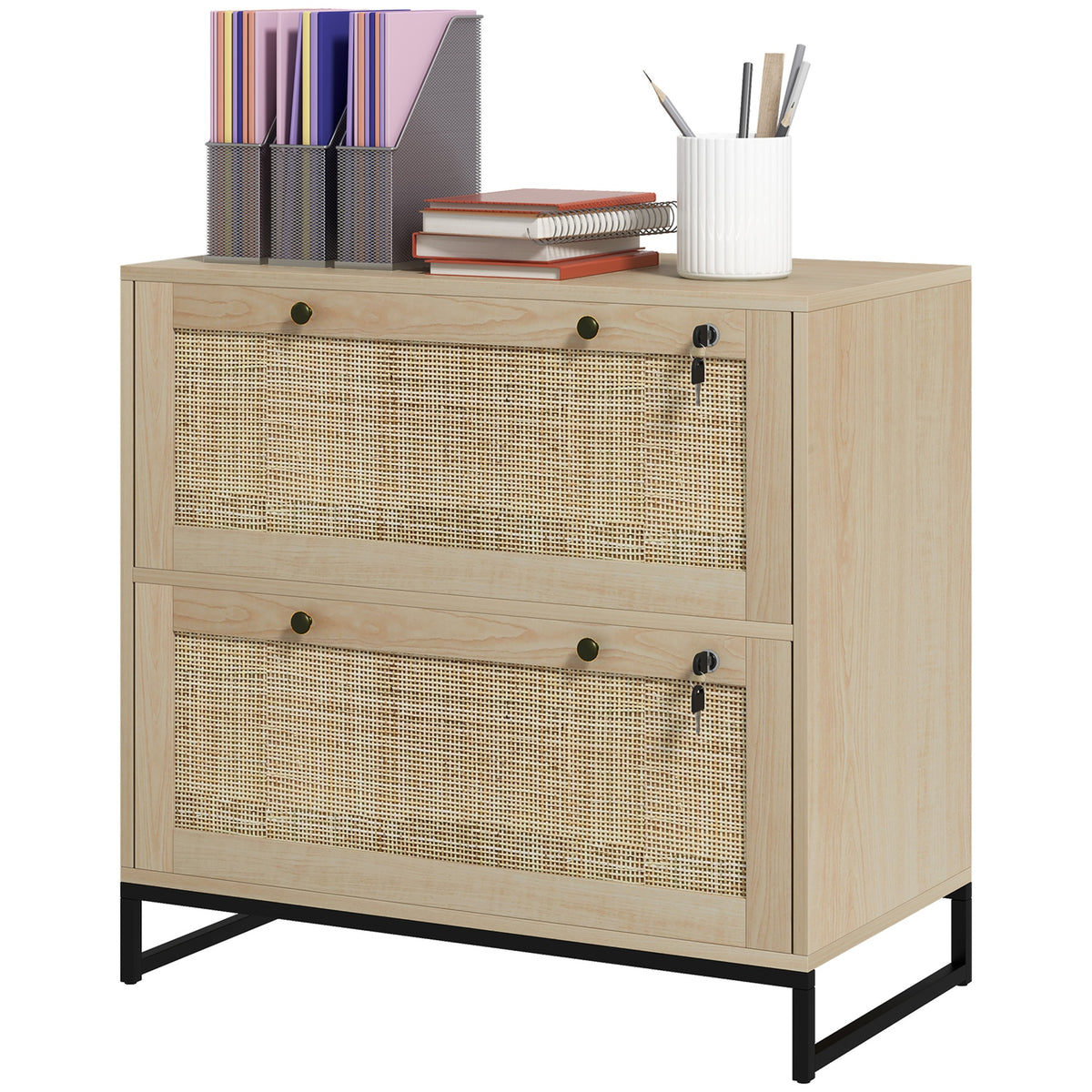 Vinsetto Lockable Filing Cabinet, Boho 2 Drawer File Cabinet with Adjustable Hanging Bar for Letter, A4 and Legal Size, Natural