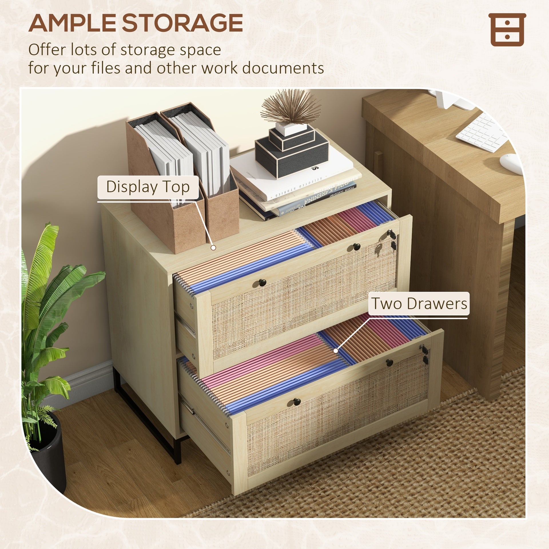 Vinsetto Lockable Filing Cabinet, Boho 2 Drawer File Cabinet with Adjustable Hanging Bar for Letter, A4 and Legal Size, Natural