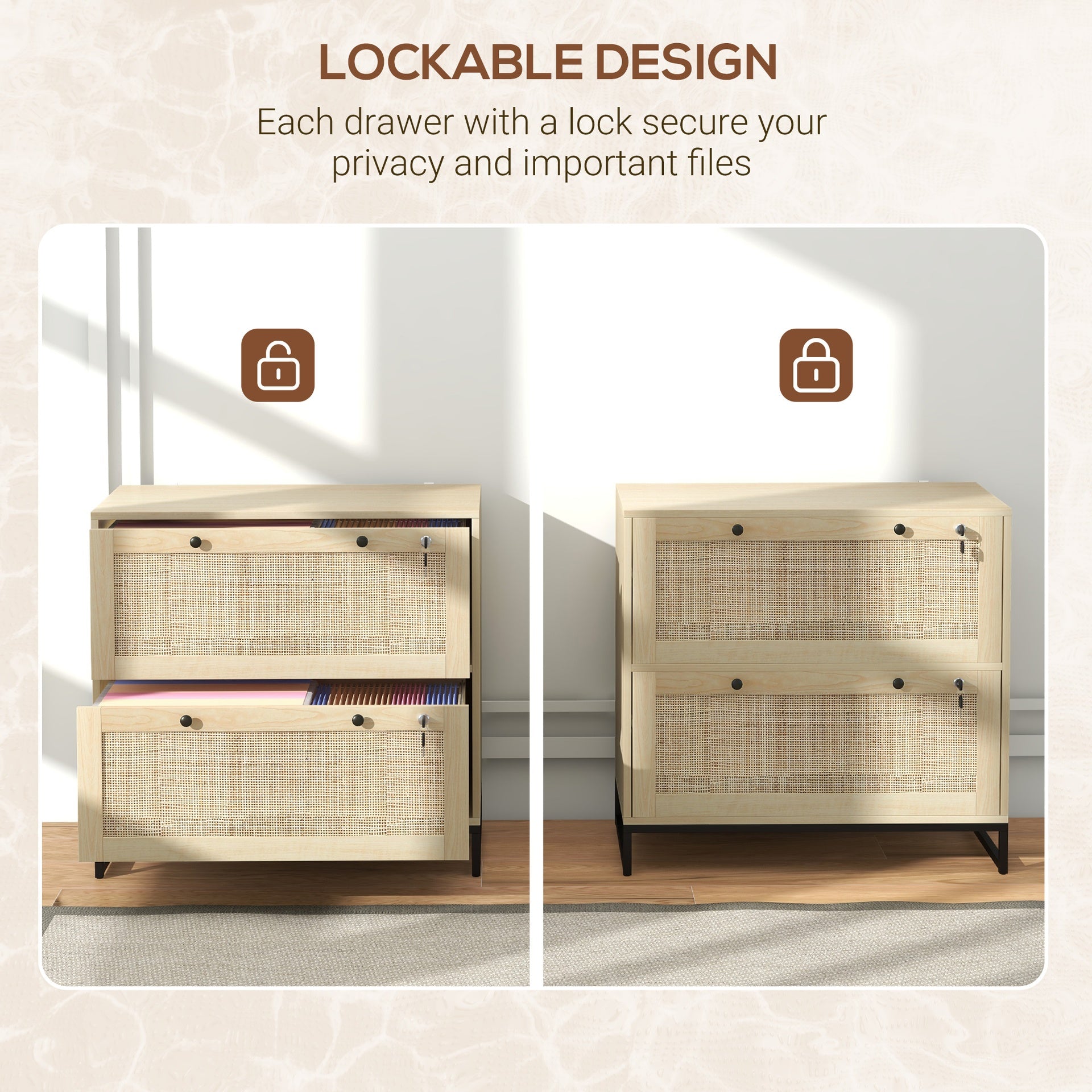 Vinsetto Lockable Filing Cabinet, Boho 2 Drawer File Cabinet with Adjustable Hanging Bar for Letter, A4 and Legal Size, Natural