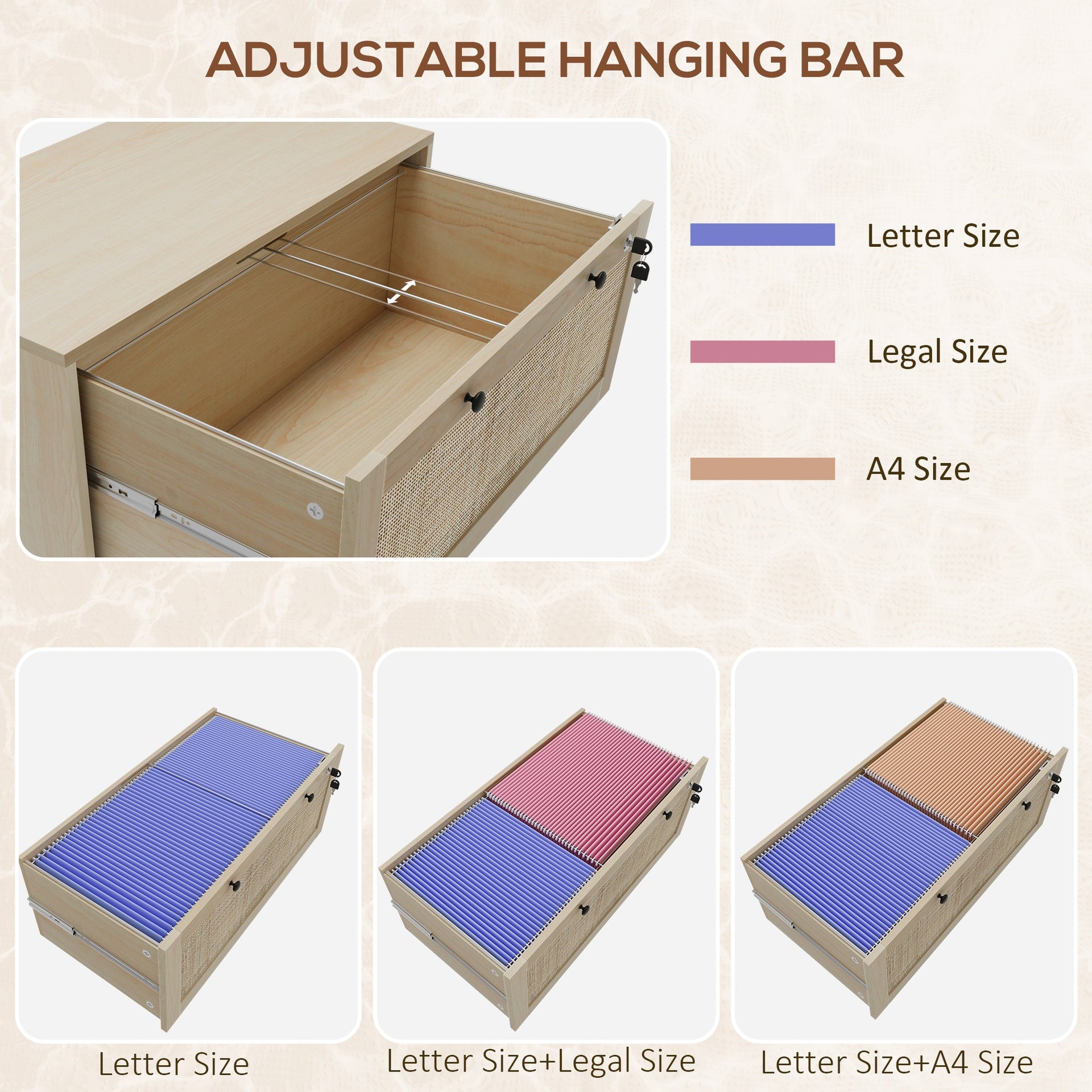 Vinsetto Lockable Filing Cabinet, Boho 2 Drawer File Cabinet with Adjustable Hanging Bar for Letter, A4 and Legal Size, Natural