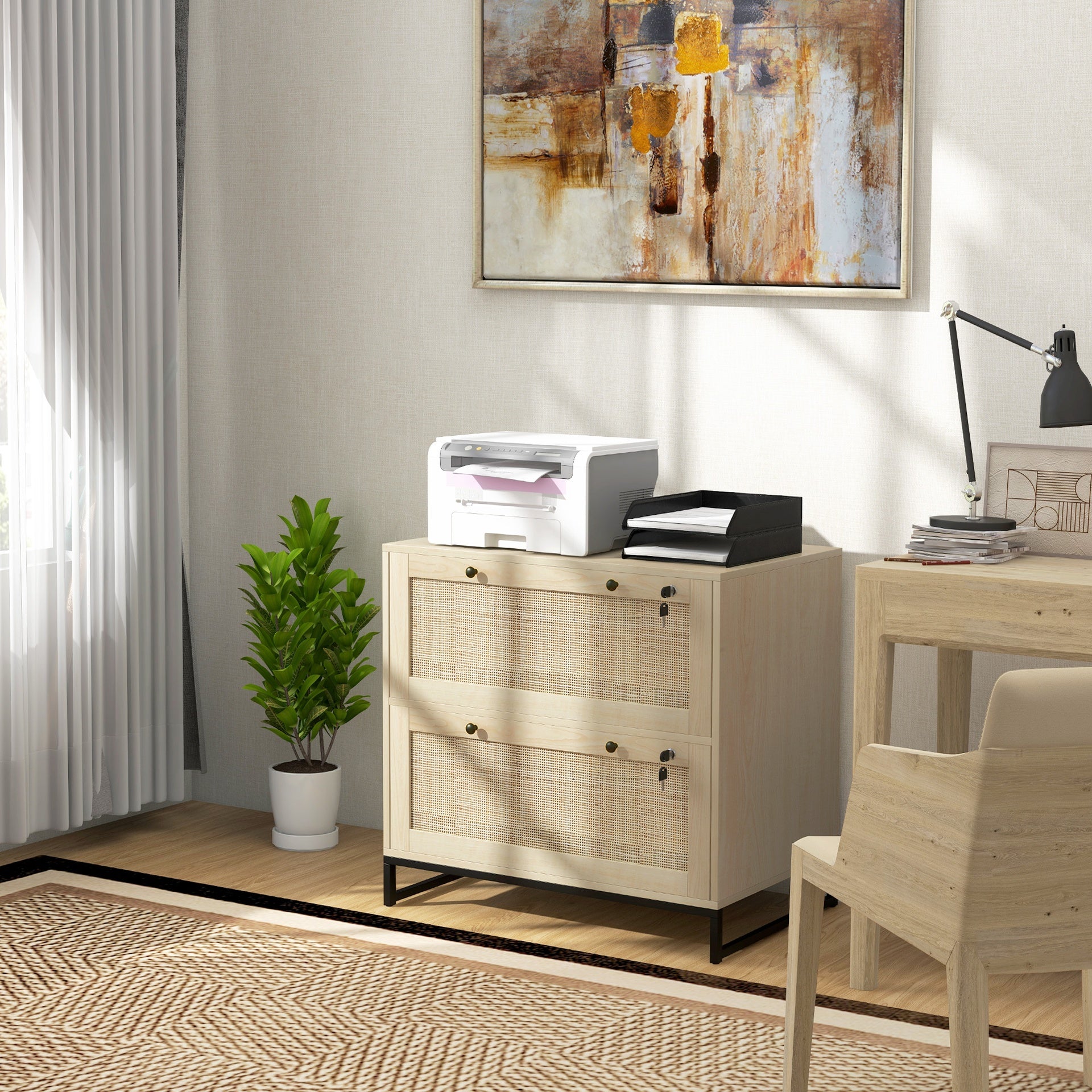 Vinsetto Lockable Filing Cabinet, Boho 2 Drawer File Cabinet with Adjustable Hanging Bar for Letter, A4 and Legal Size, Natural