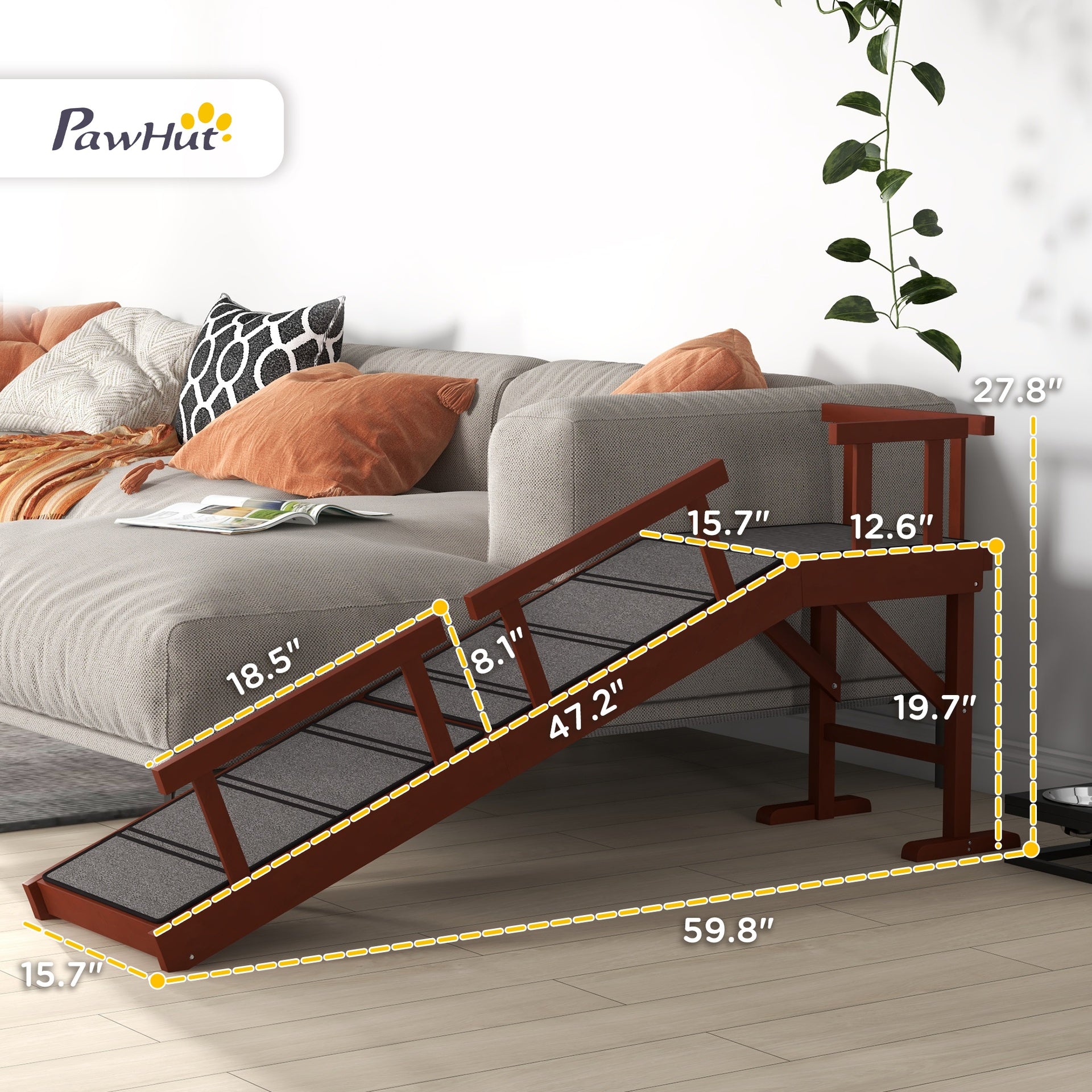PawHut Wooden Dog Ramp with Removable Guardrails, Non-Slip Surface, 60" Long, Brown