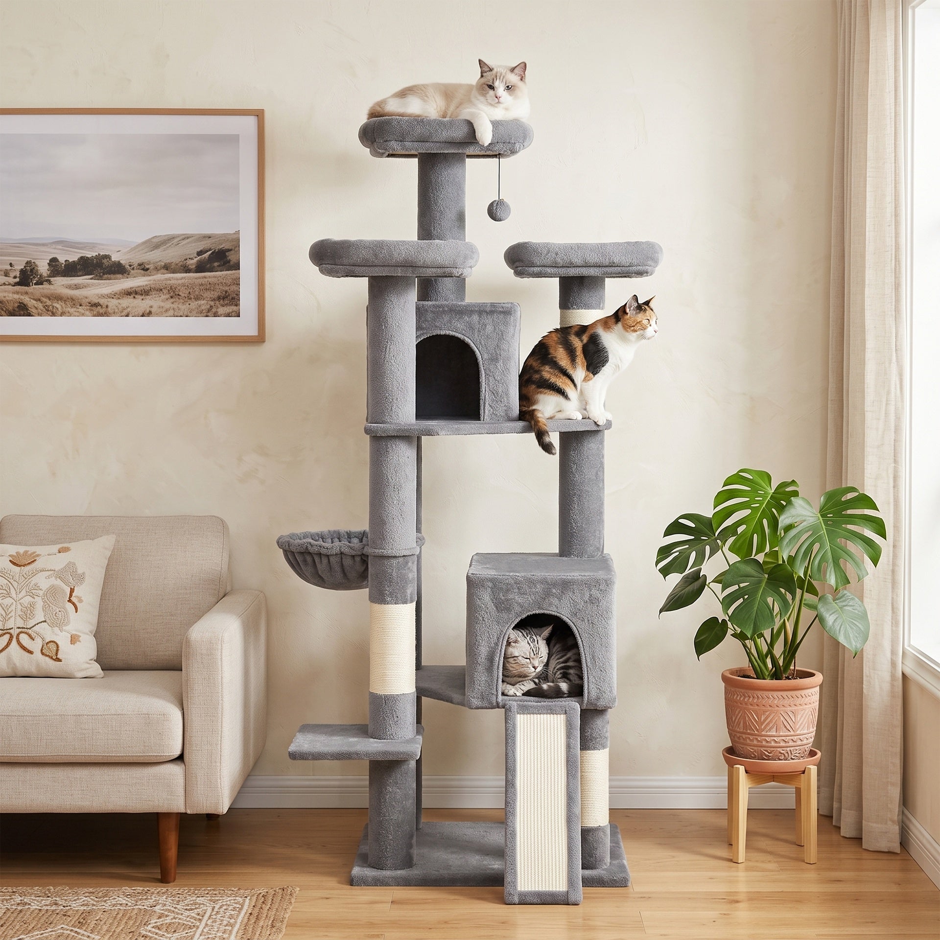 PawHut 72" Cat Tree, Large Cat Tower with 2 Condos, 3 Padded Beds, Hammock, 3 Scratching Posts and Ladder