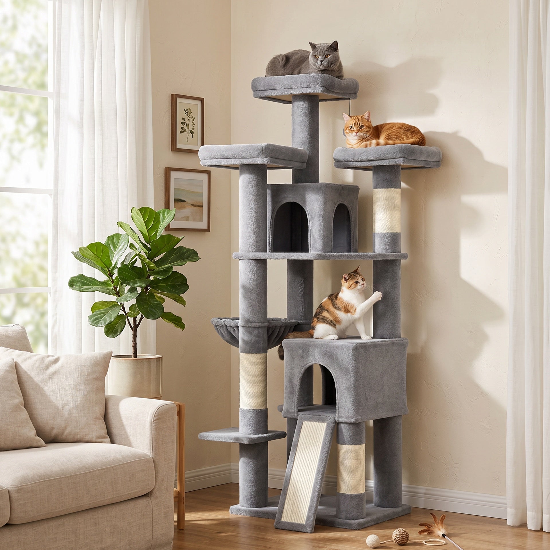 PawHut 72" Cat Tree, Large Cat Tower with 2 Condos, 3 Padded Beds, Hammock, 3 Scratching Posts and Ladder