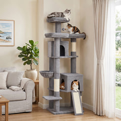 PawHut 72" Cat Tree, Large Cat Tower with 2 Condos, 3 Padded Beds, Hammock, 3 Scratching Posts and Ladder