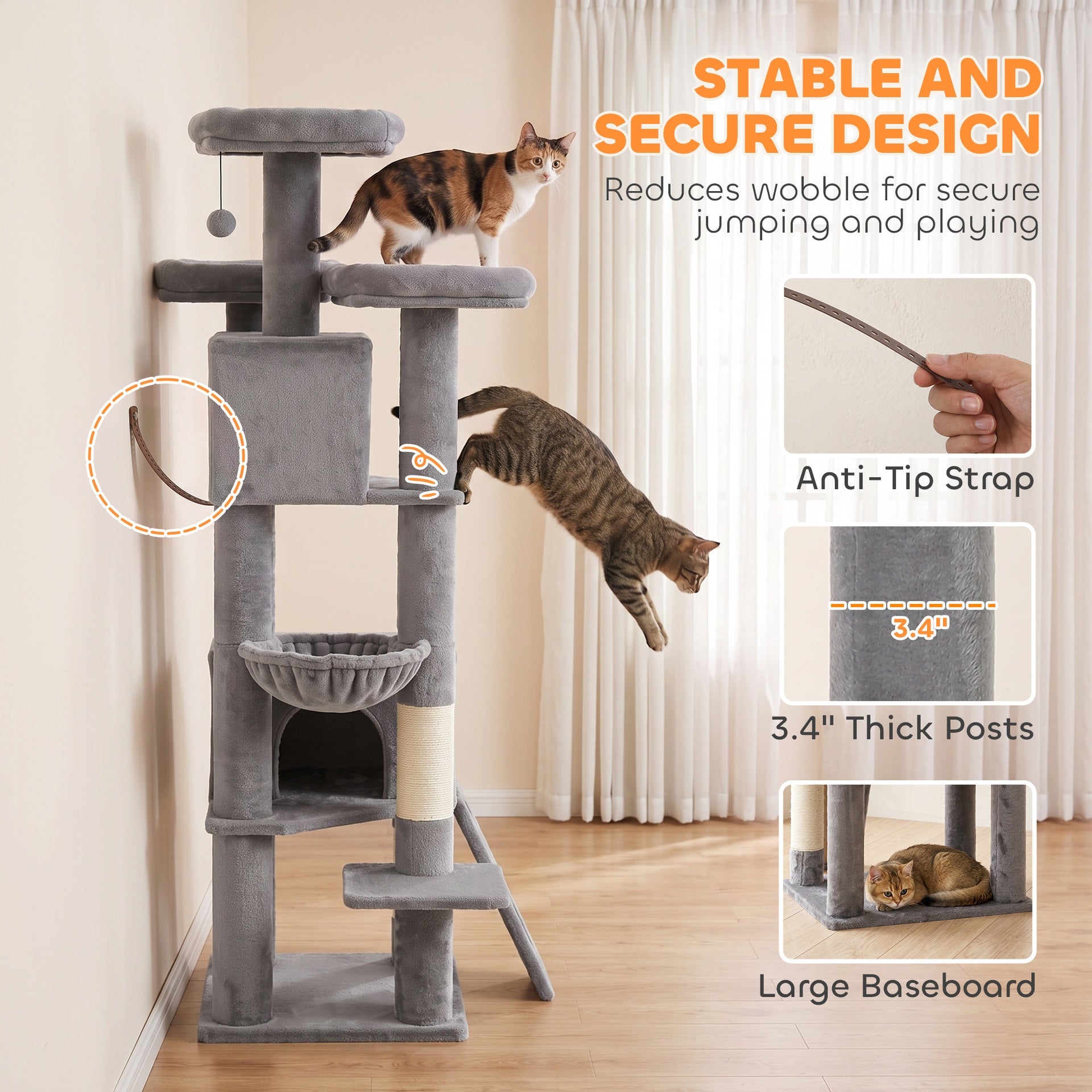 PawHut 72" Cat Tree, Large Cat Tower with 2 Condos, 3 Padded Beds, Hammock, 3 Scratching Posts and Ladder