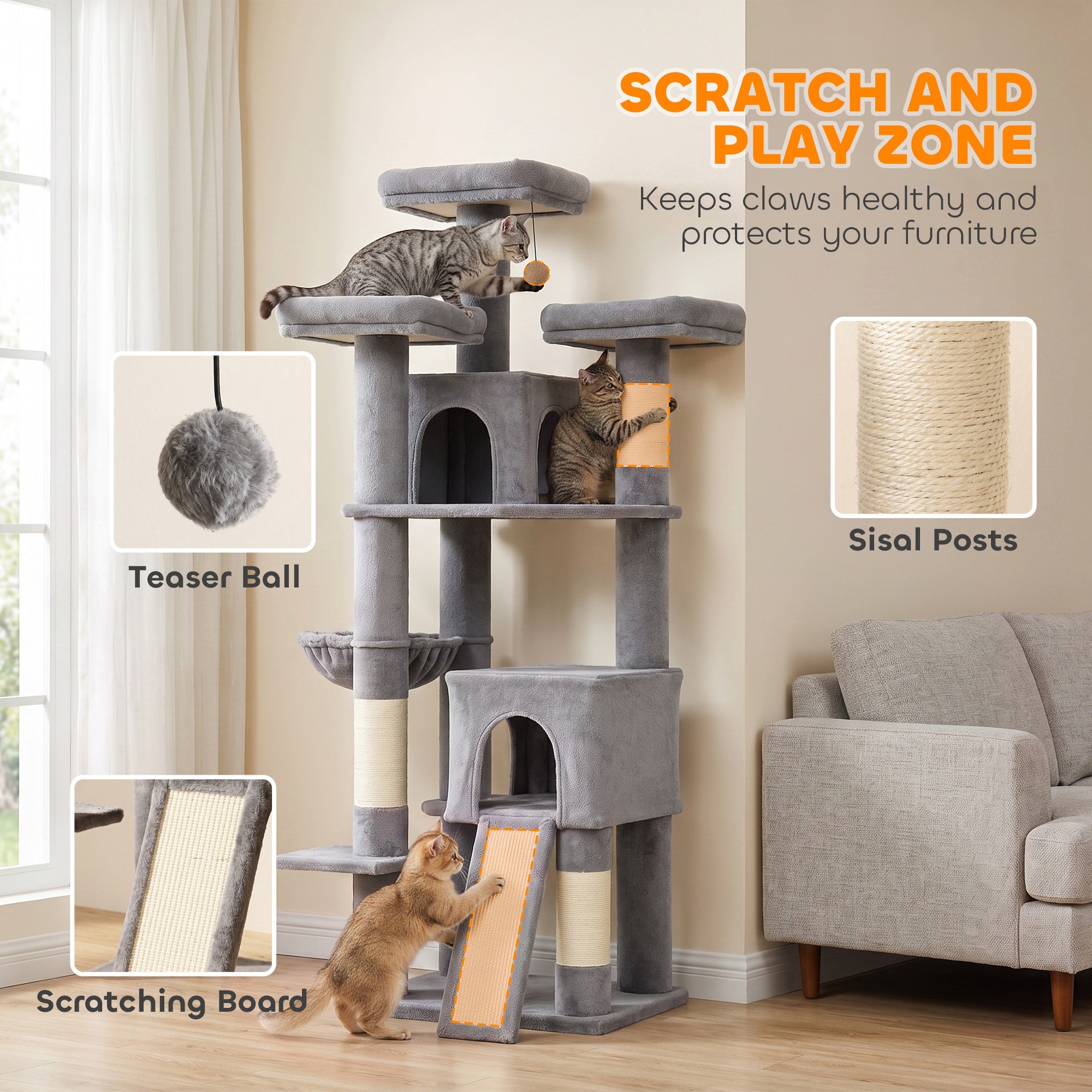 PawHut 72" Cat Tree, Large Cat Tower with 2 Condos, 3 Padded Beds, Hammock, 3 Scratching Posts and Ladder