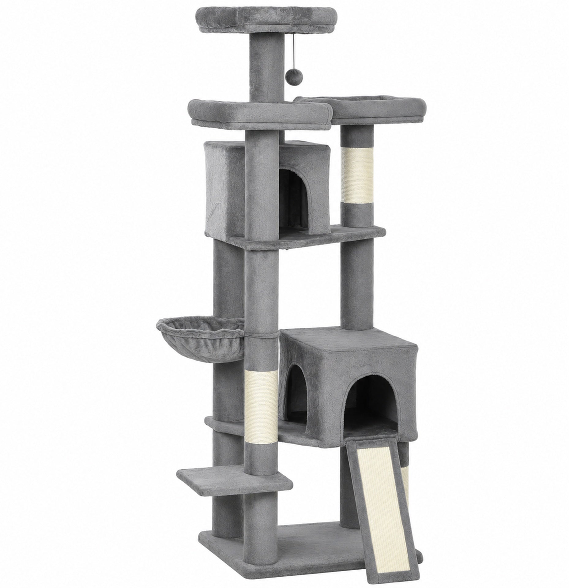 PawHut 72" Cat Tree, Large Cat Tower with 2 Condos, 3 Padded Beds, Hammock, 3 Scratching Posts and Ladder