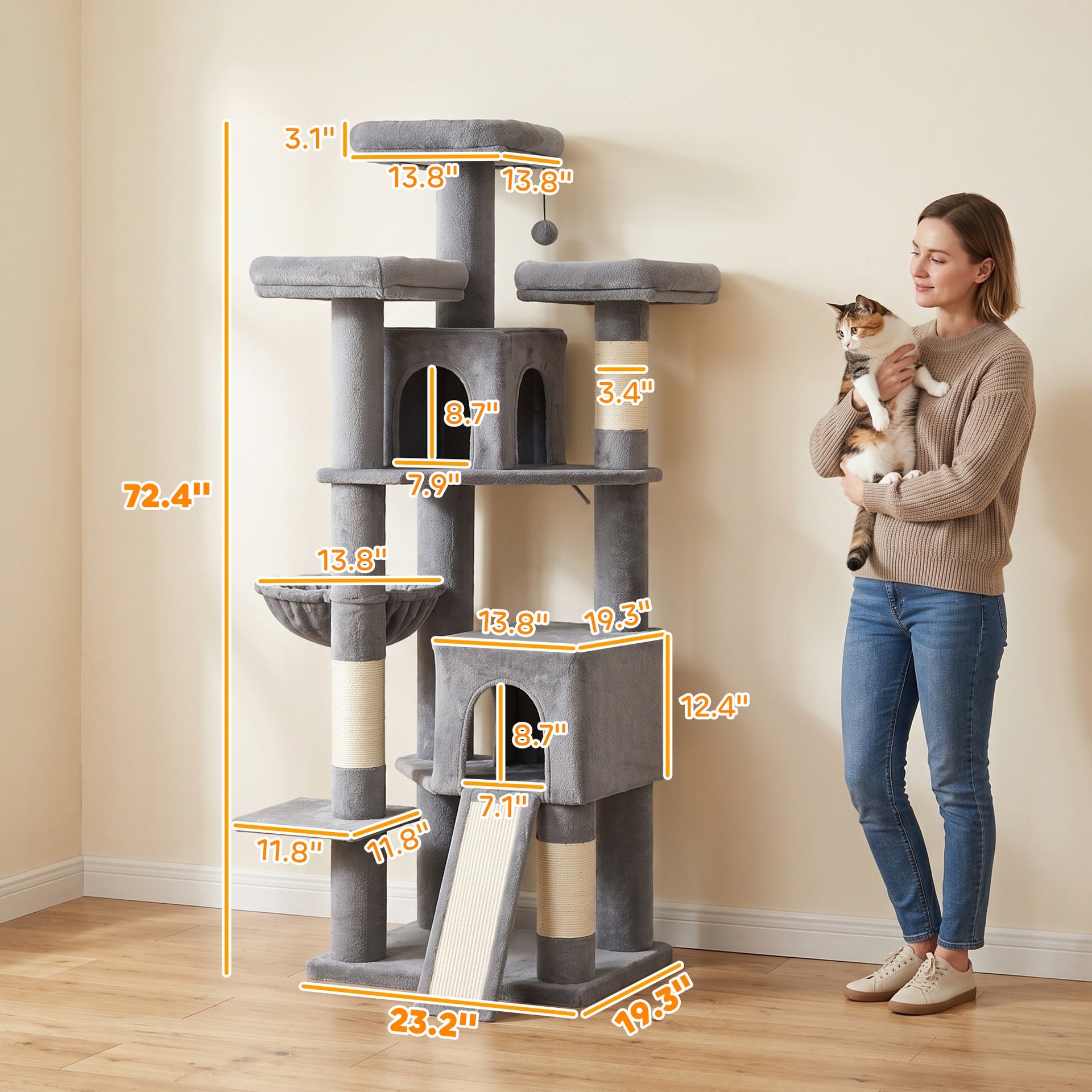 PawHut 72" Cat Tree, Large Cat Tower with 2 Condos, 3 Padded Beds, Hammock, 3 Scratching Posts and Ladder