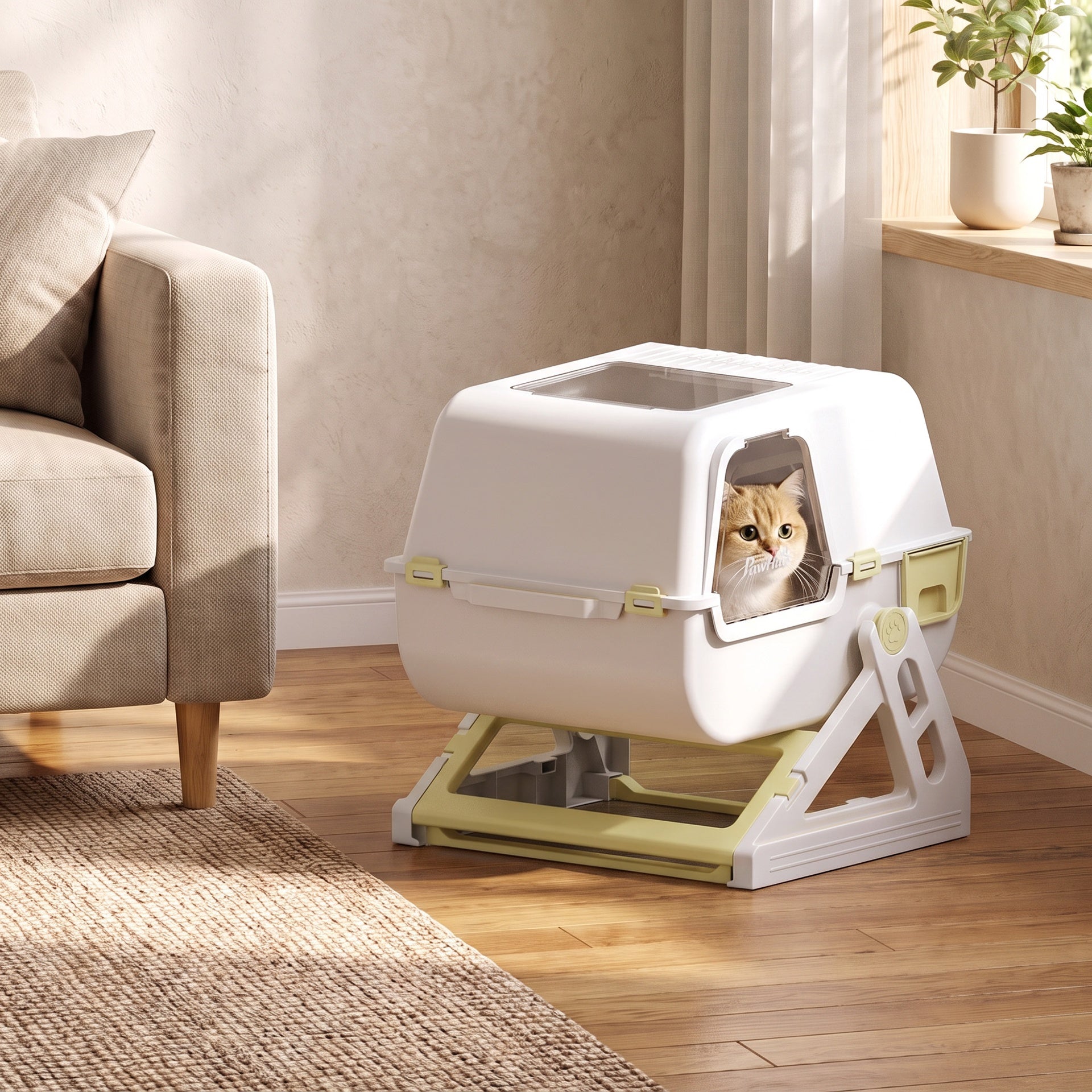 PawHut Cat Litter Box with Lid, Enclosed Cat Litter Box with Deodorization Bag & Drawer Pan, High Sides & Flip-to-Clean