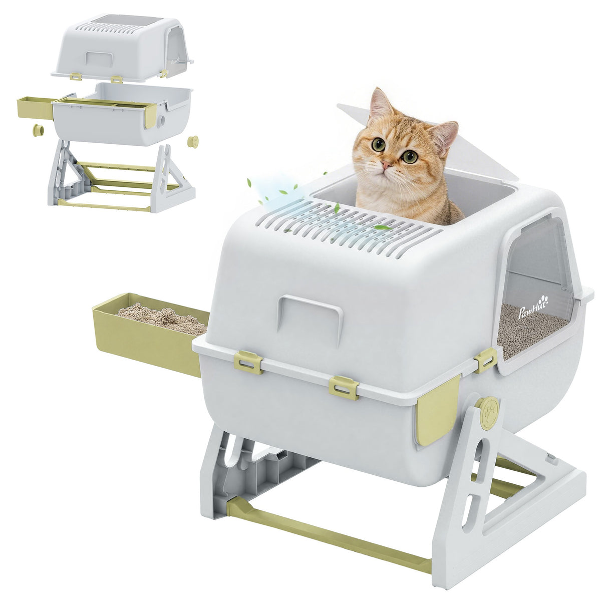 PawHut Cat Litter Box with Lid, Enclosed Cat Litter Box with Deodorization Bag & Drawer Pan, High Sides & Flip-to-Clean