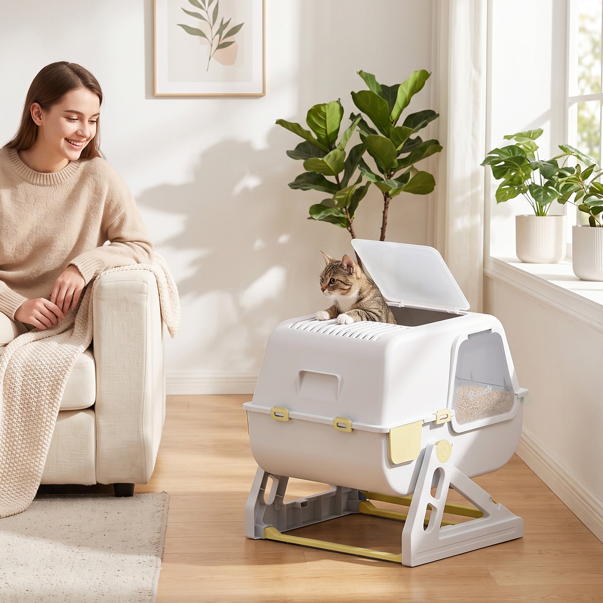PawHut Cat Litter Box with Lid, Enclosed Cat Litter Box with Deodorization Bag & Drawer Pan, High Sides & Flip-to-Clean