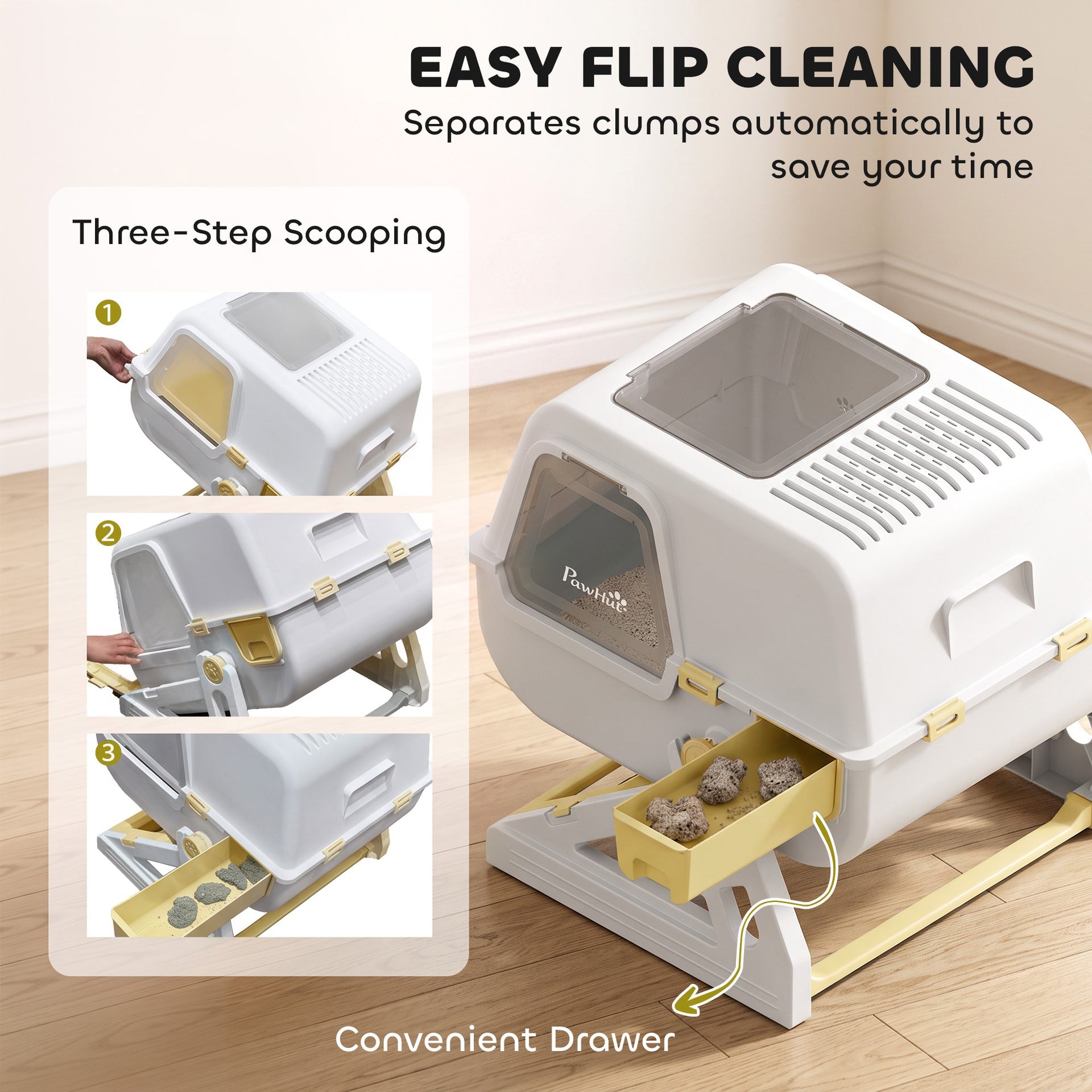 PawHut Cat Litter Box with Lid, Enclosed Cat Litter Box with Deodorization Bag & Drawer Pan, High Sides & Flip-to-Clean