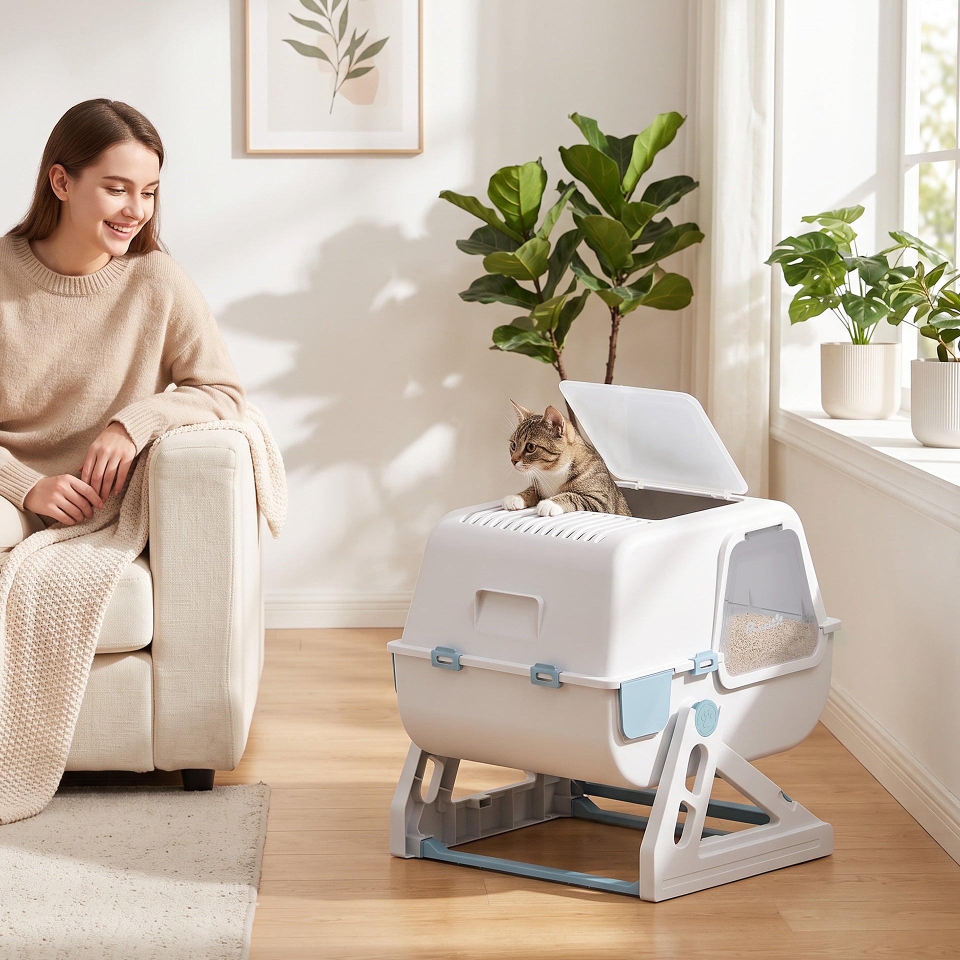 PawHut Cat Litter Box with Lid, Enclosed Cat Litter Box with Deodorization Bag & Drawer Pan, High Sides & Flip-to-Clean