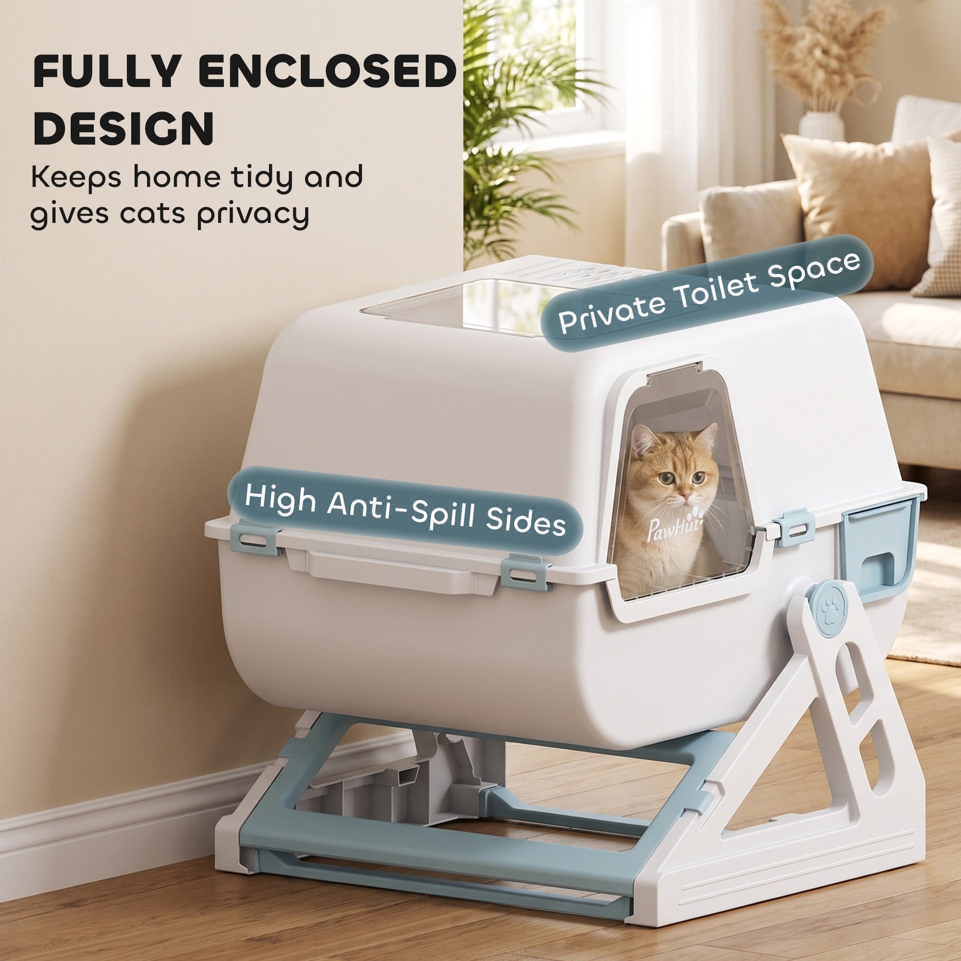 PawHut Cat Litter Box with Lid, Enclosed Cat Litter Box with Deodorization Bag & Drawer Pan, High Sides & Flip-to-Clean