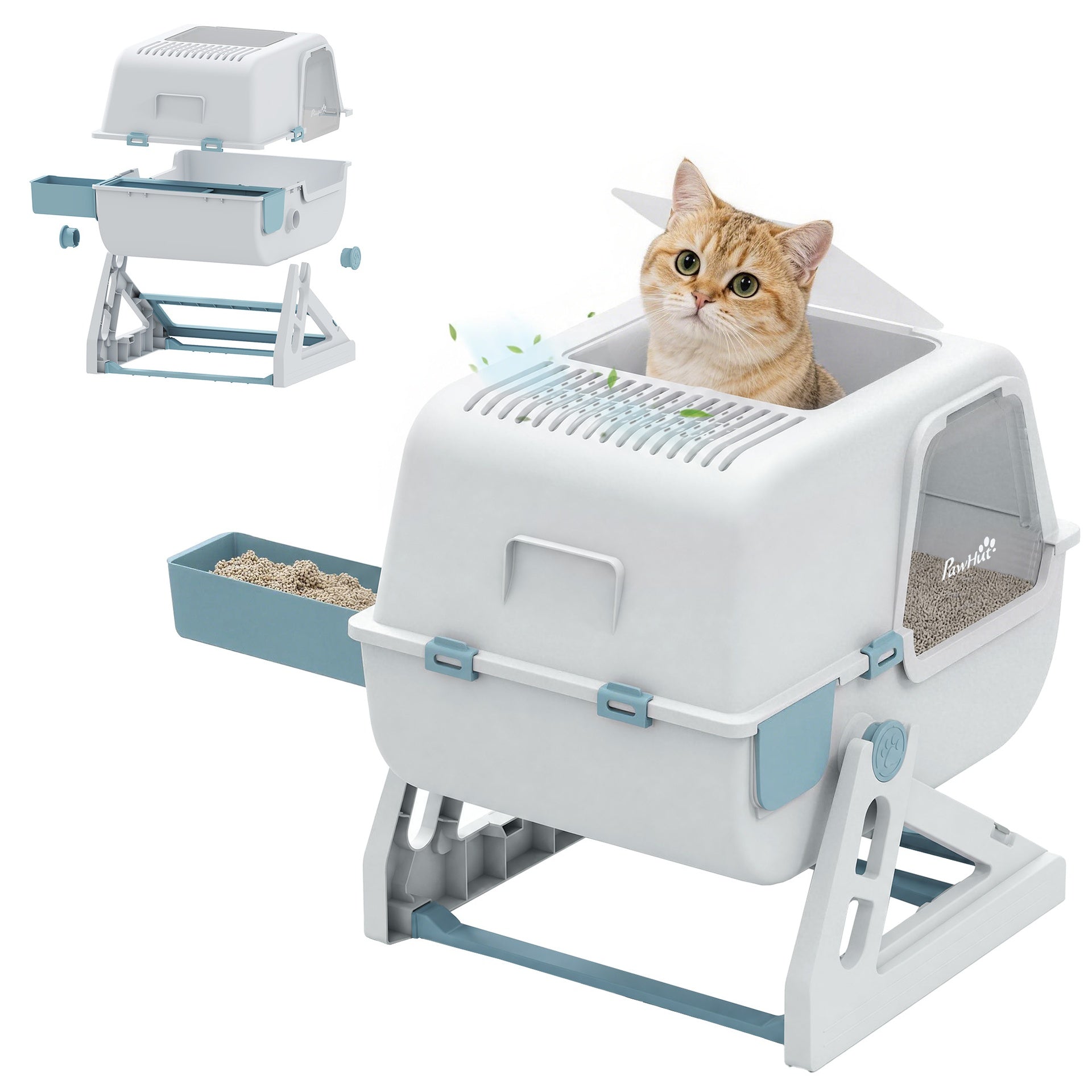 PawHut Cat Litter Box with Lid, Enclosed Cat Litter Box with Deodorization Bag & Drawer Pan, High Sides & Flip-to-Clean