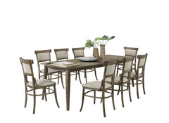 Billie 88" Vintage Walnut 9 Piece Dining Table with Extension Leaf and Off White Fabric Dining Chairs