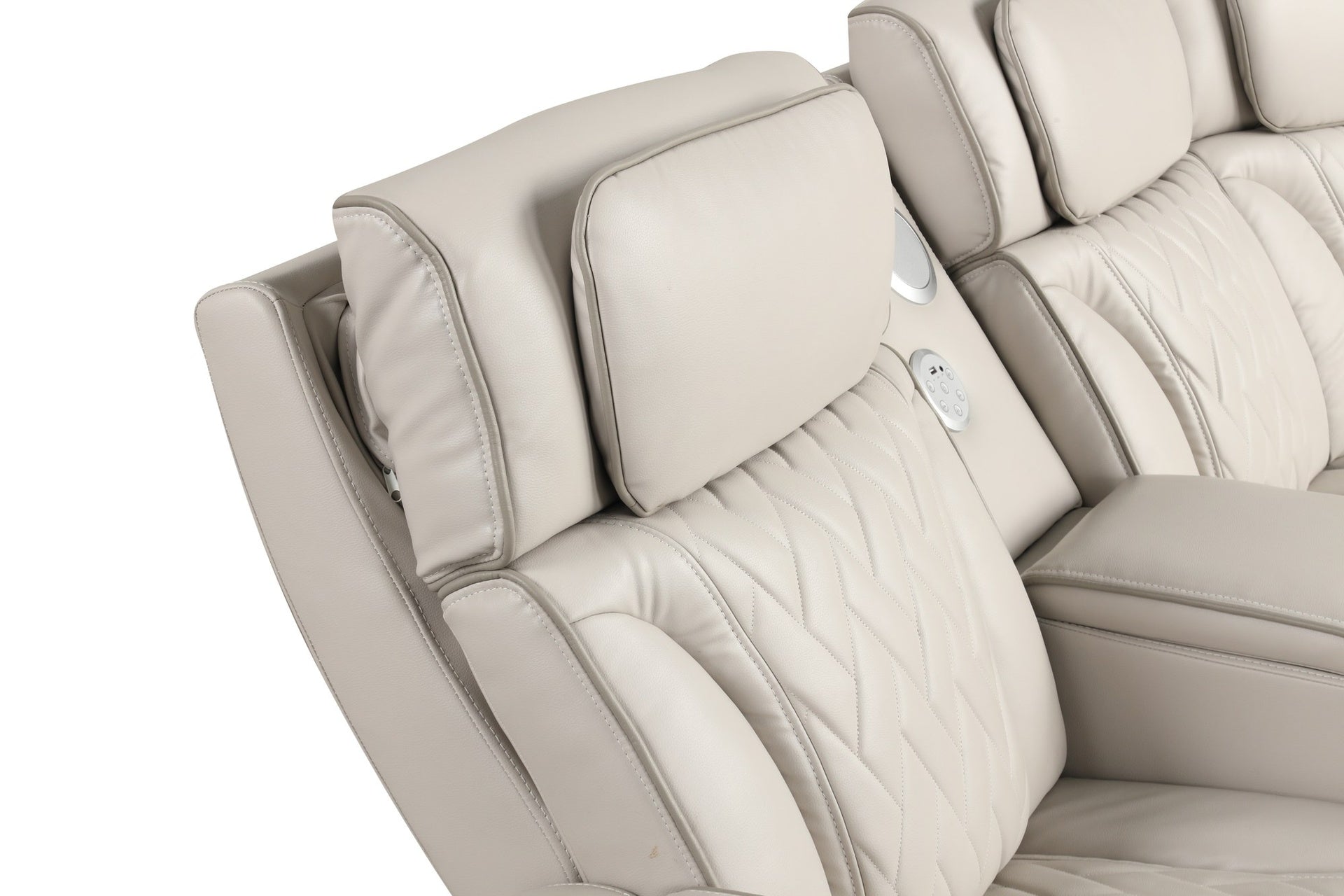 Jazz 117"W Ice Leather Aire Transformer Power Reclining Sectional Sofa with Power Headrest, Bluetooth Speakers, LED Lights, USB & USB-C Ports, Storage & Cupholders